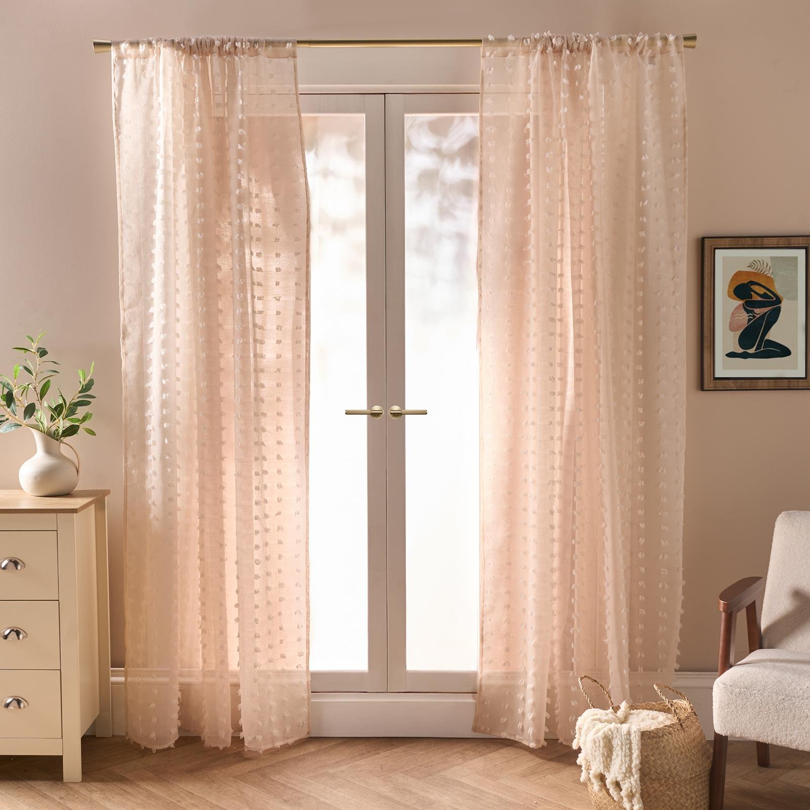 OHS Pompom Tufted Voile Curtains 140 x 224cm - Natural