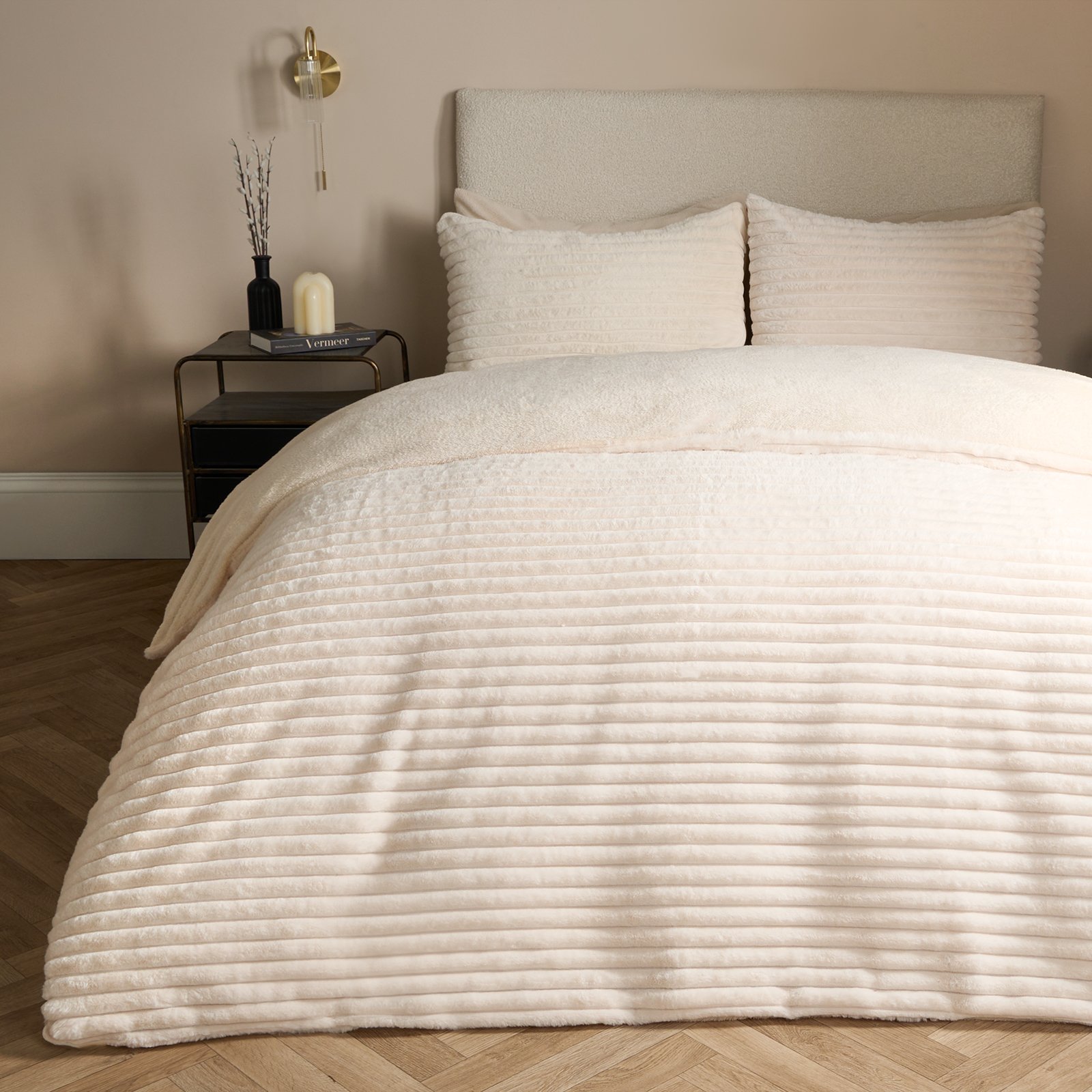 OHS Ribbed Duvet Cover Faux Fur Winter Warm Bedding Set Cream - Double