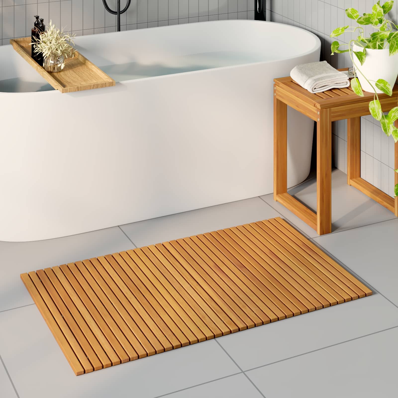 Walplus Acacia Wood Bath Mat Folding - Brown - 100 x 60 cm