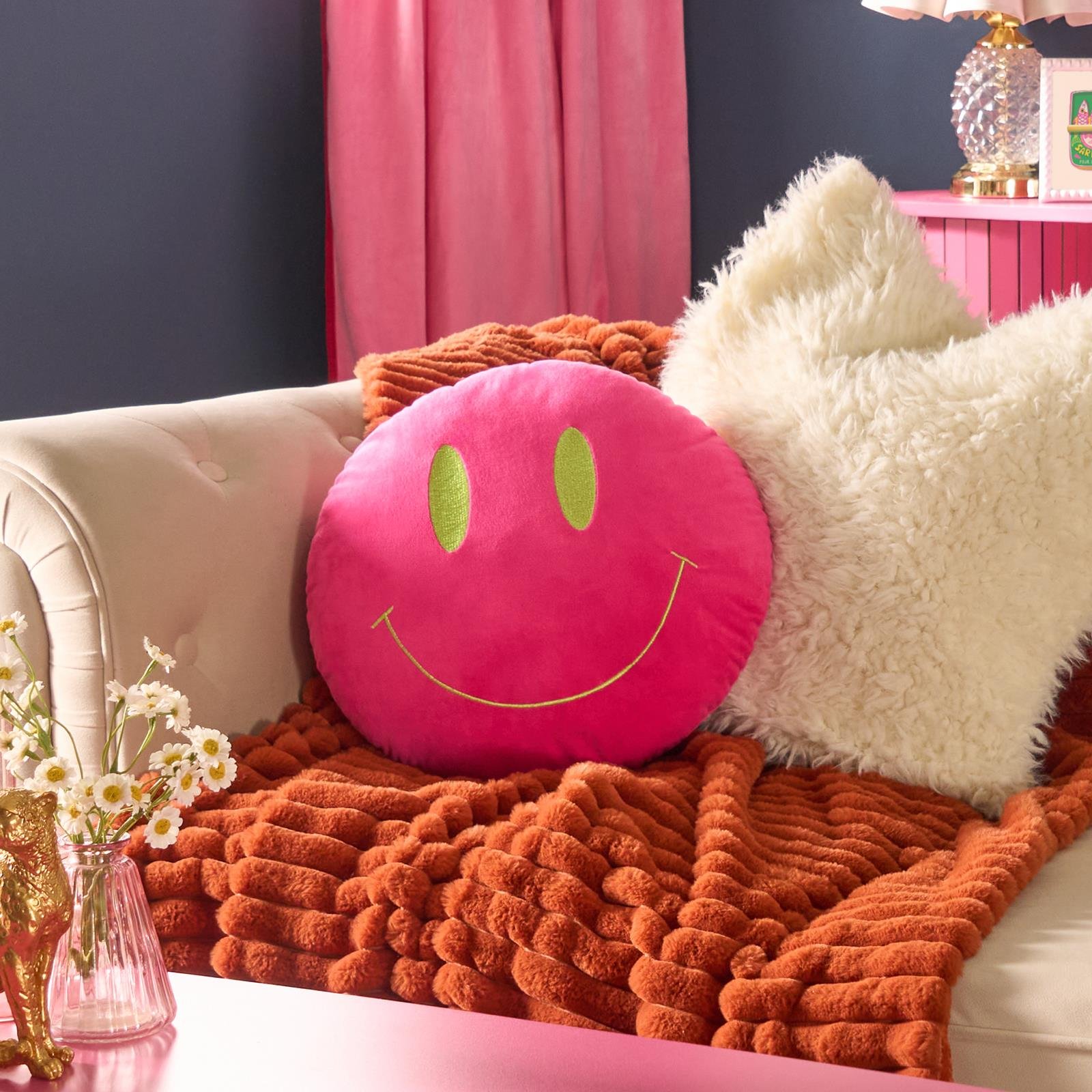 OHS Simley Face Shaped Scatter Cushion - Pink/Green - 33 x 33cm