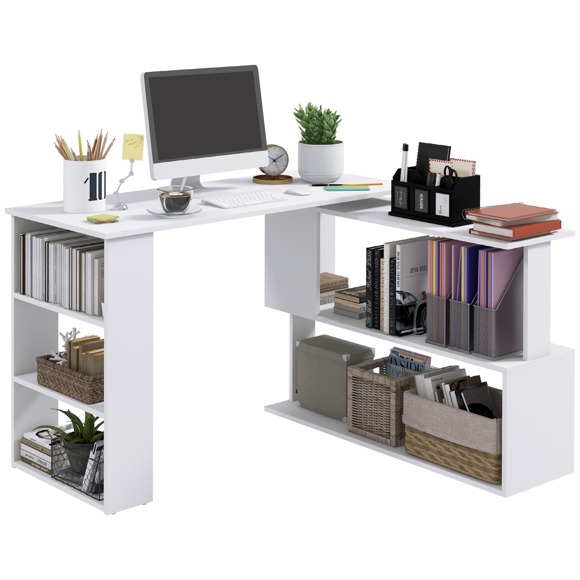 HOMCOM Rotating Corner Computer Desk with Shelves - White