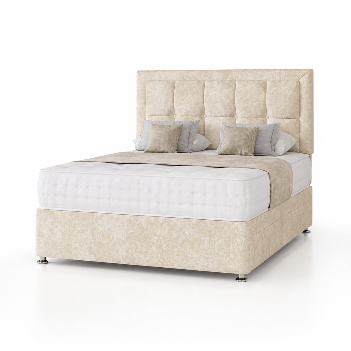 Comfy Deluxe 4ft Small Double 2‑Drawer Crushed Velvet Divan Bed Set - Cream
