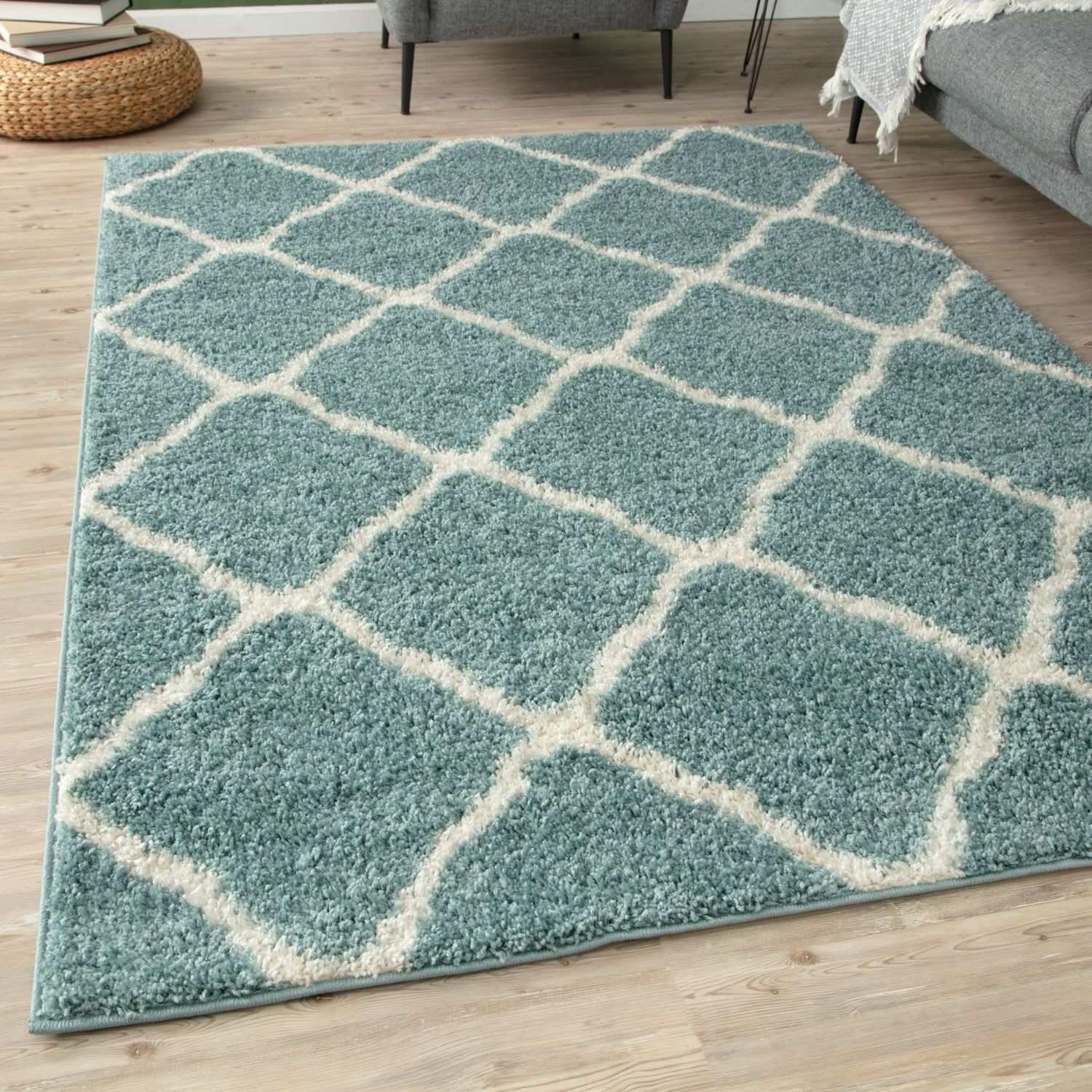 The Rugs Duck Egg Blue Moroccan Shaggy Lattice Rug - 60 x 110cm