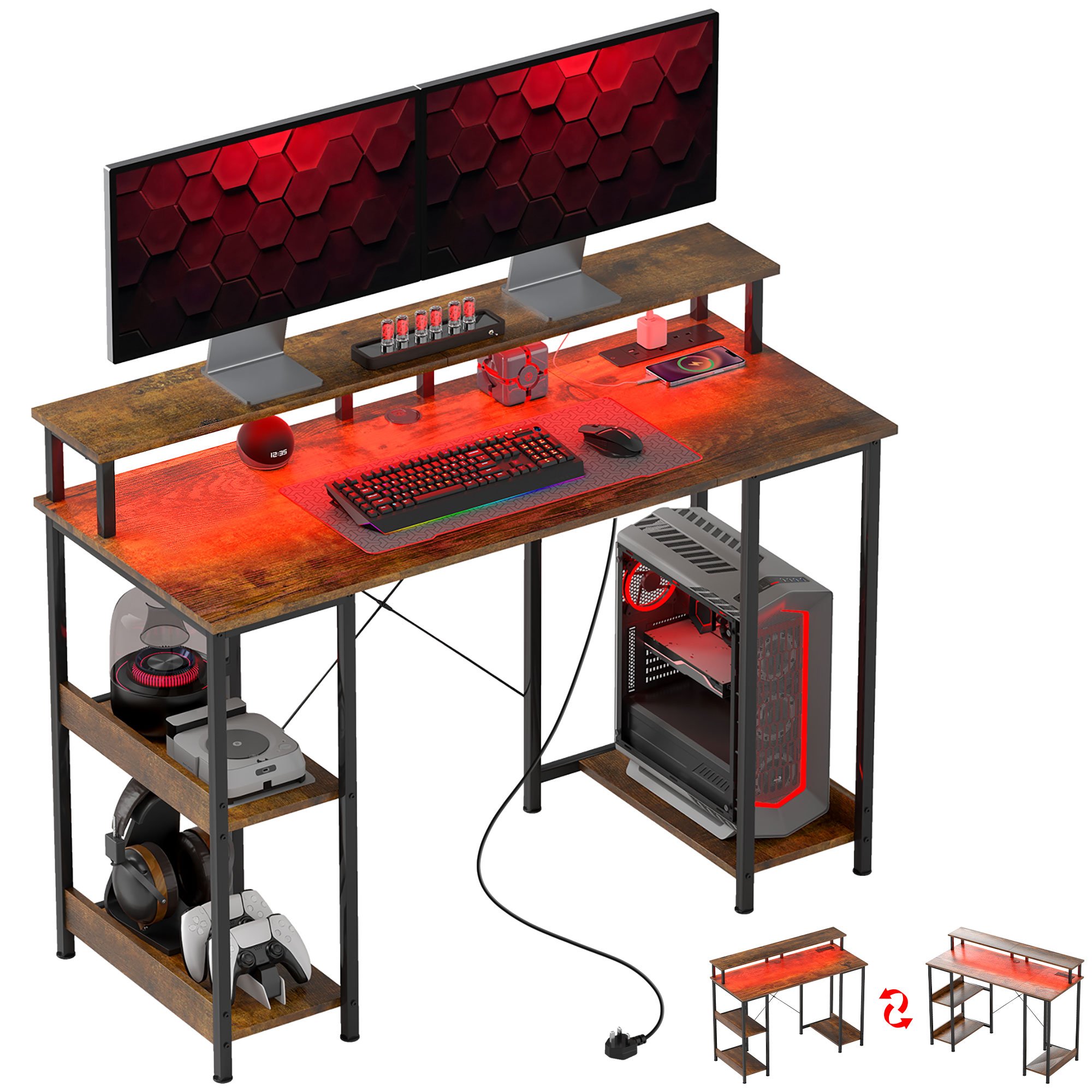 HOMCOM Reversible Computer Desk with Power Outlets - Rustic Brown