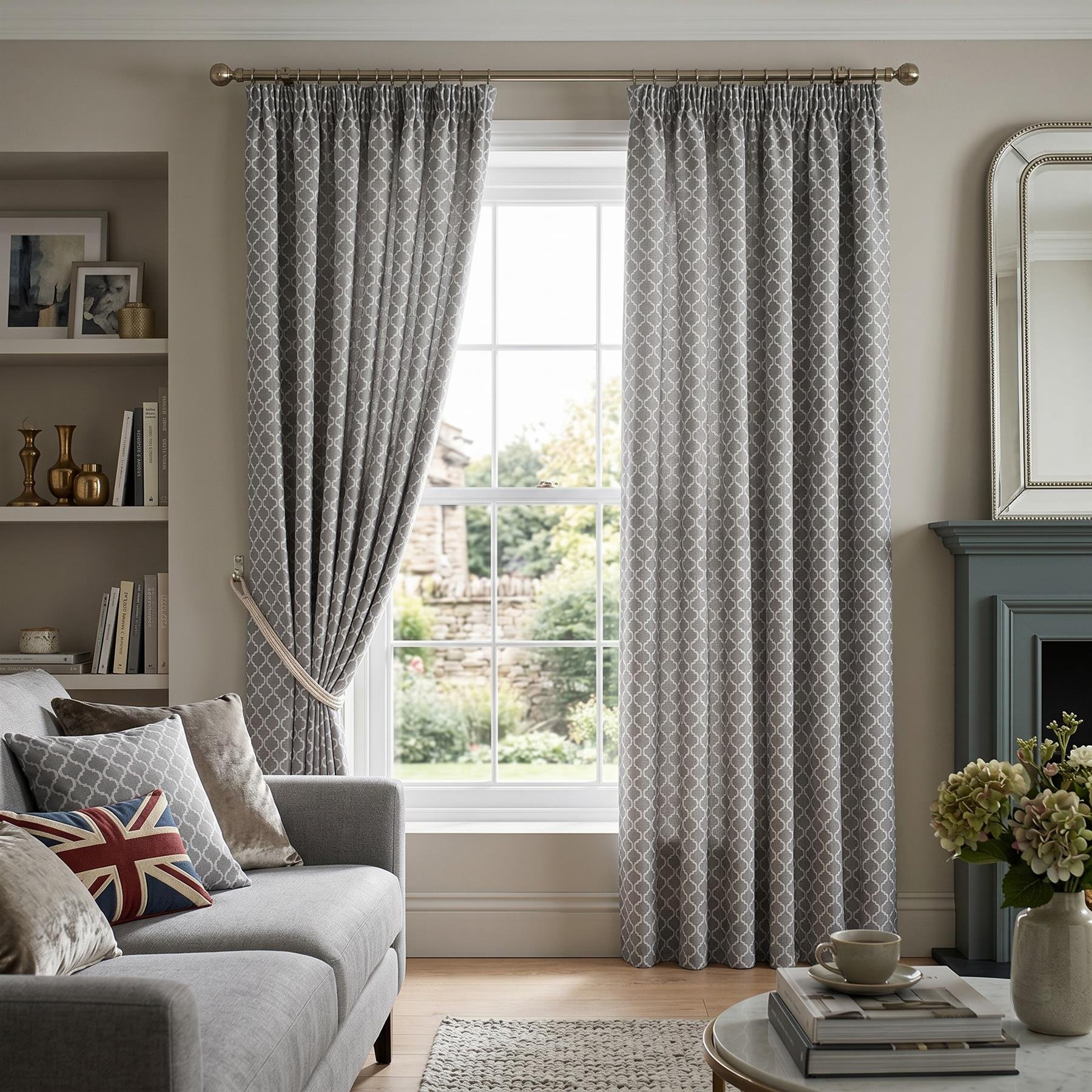 Luxury Living Geometric Lined Pencil Pleat Taped Curtains 117cm x 229cm - Silver