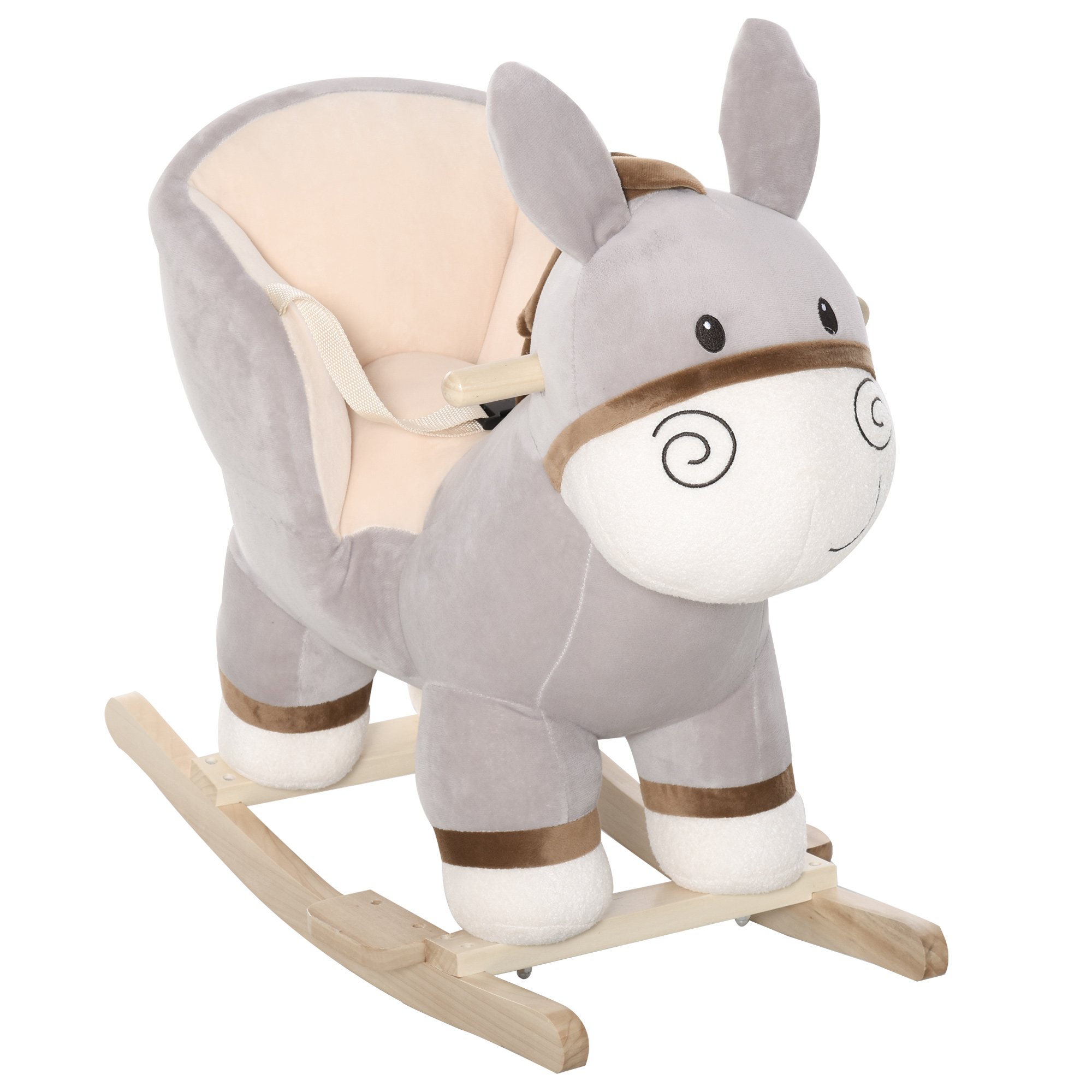 HOMCOM Plush Donkey Sound Wood Base Seat Belt Toddler Rocking Horse - Grey