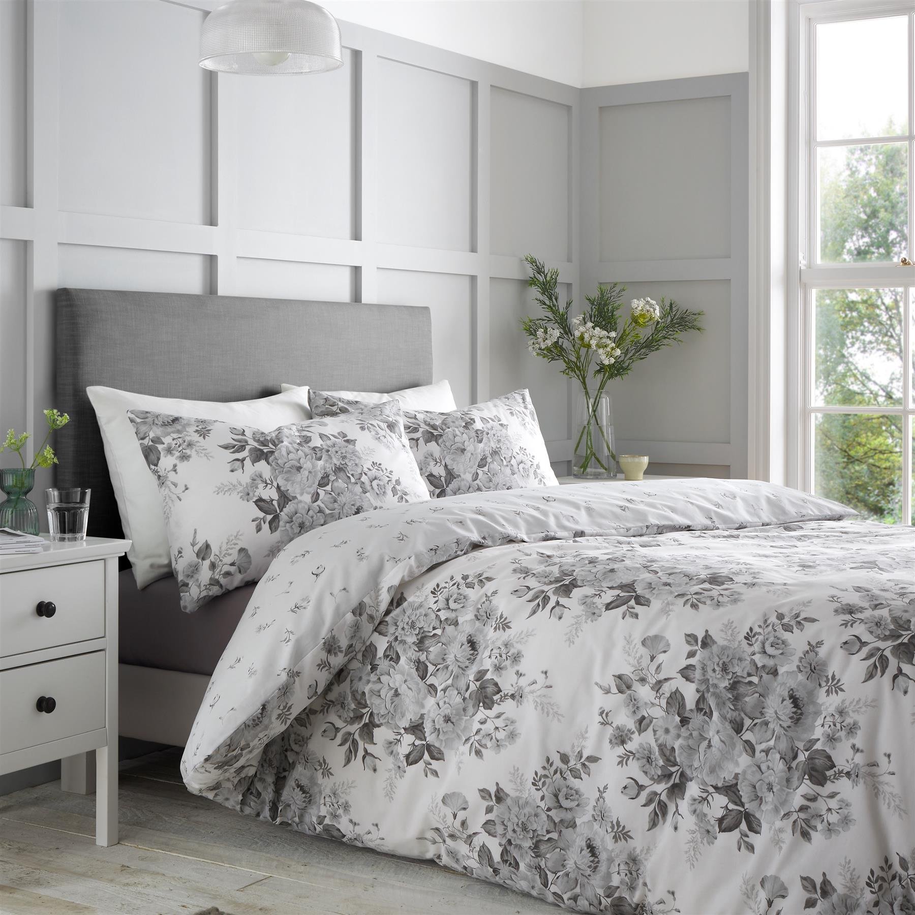 Catherine Lansfield Elinda Floral Duvet Cover Set - Double - Grey