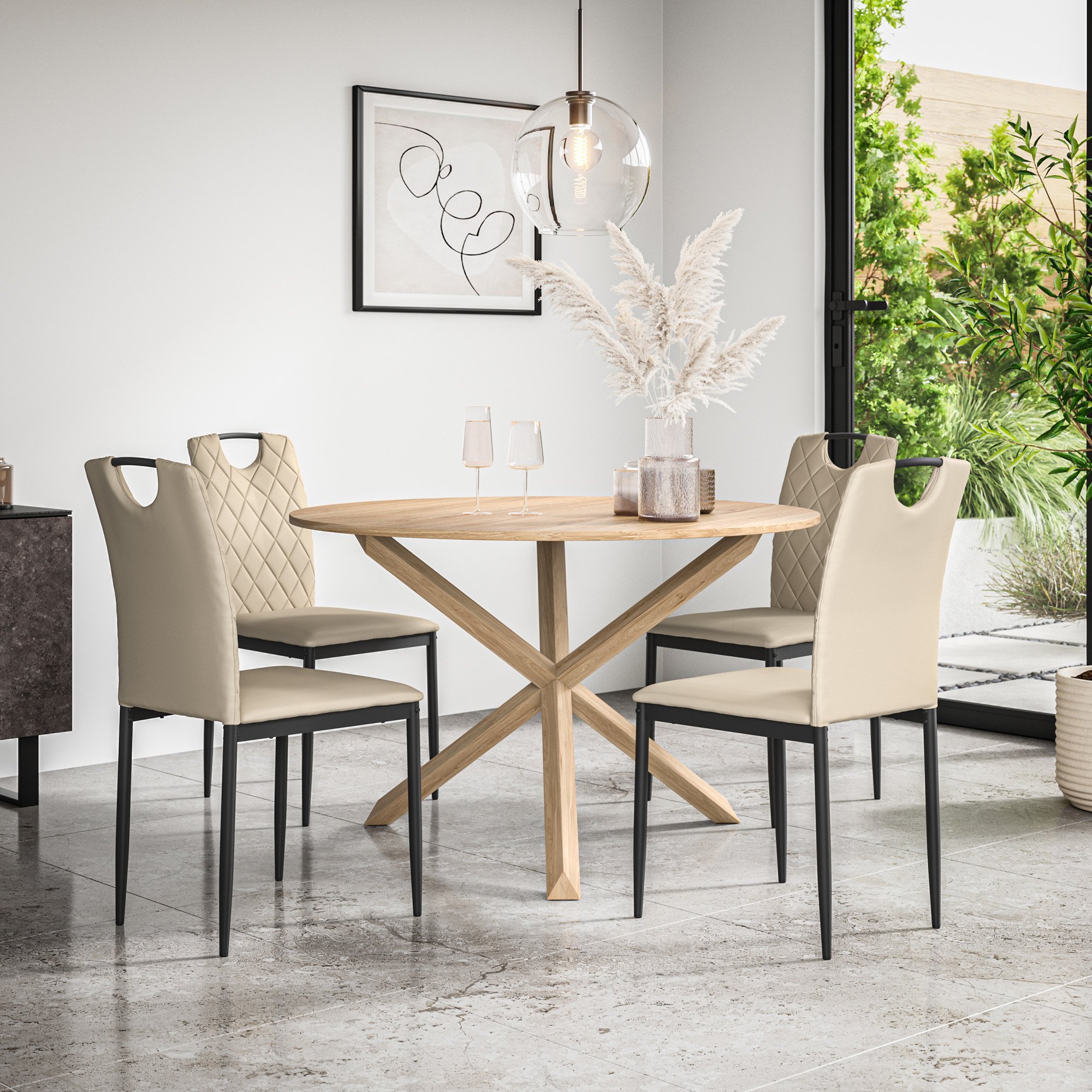 Furniture Online Malvern Monza Oak Table Dining Table & 4 Beige Chairs