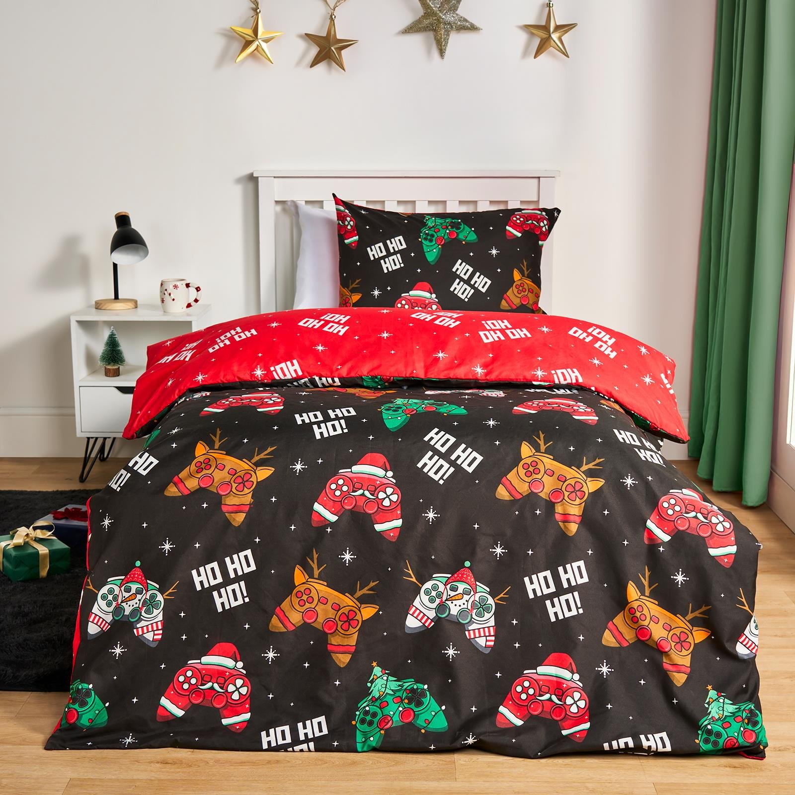 OHS Xmas Gaming Bedding Set Reversible Duvet Cover Set Black - Double
