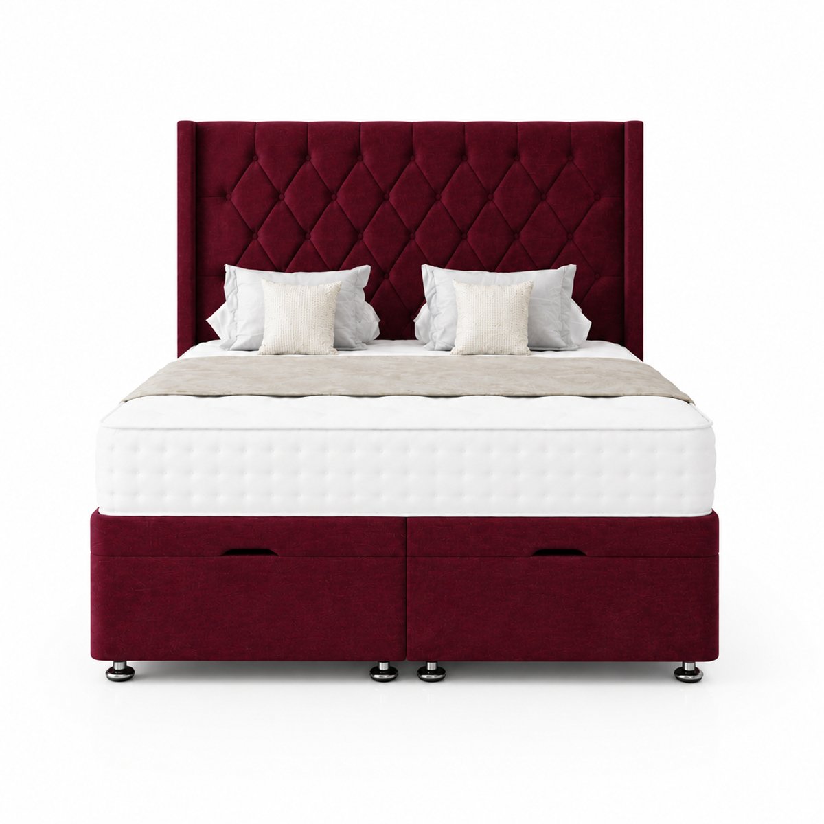 Comfy Deluxe Zoro 5ft King Size Plush Velvet End Lift Ottoman Bed Set - Burgundy