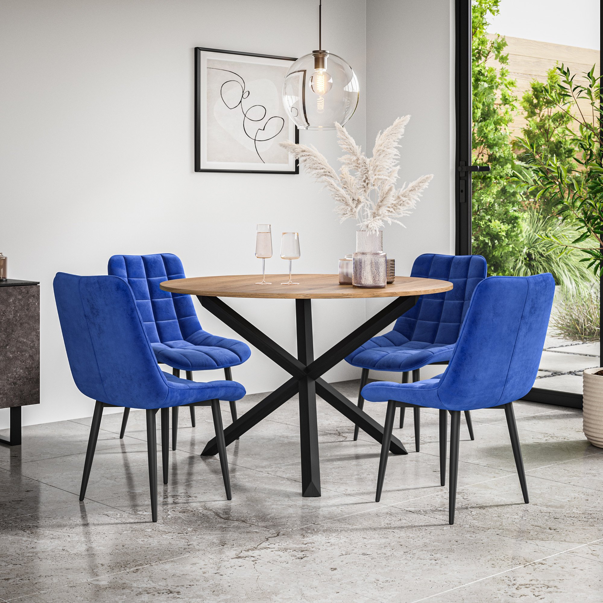 Furniture Online Malvern Nova Oak Table Dining Table & 4 Blue Chairs