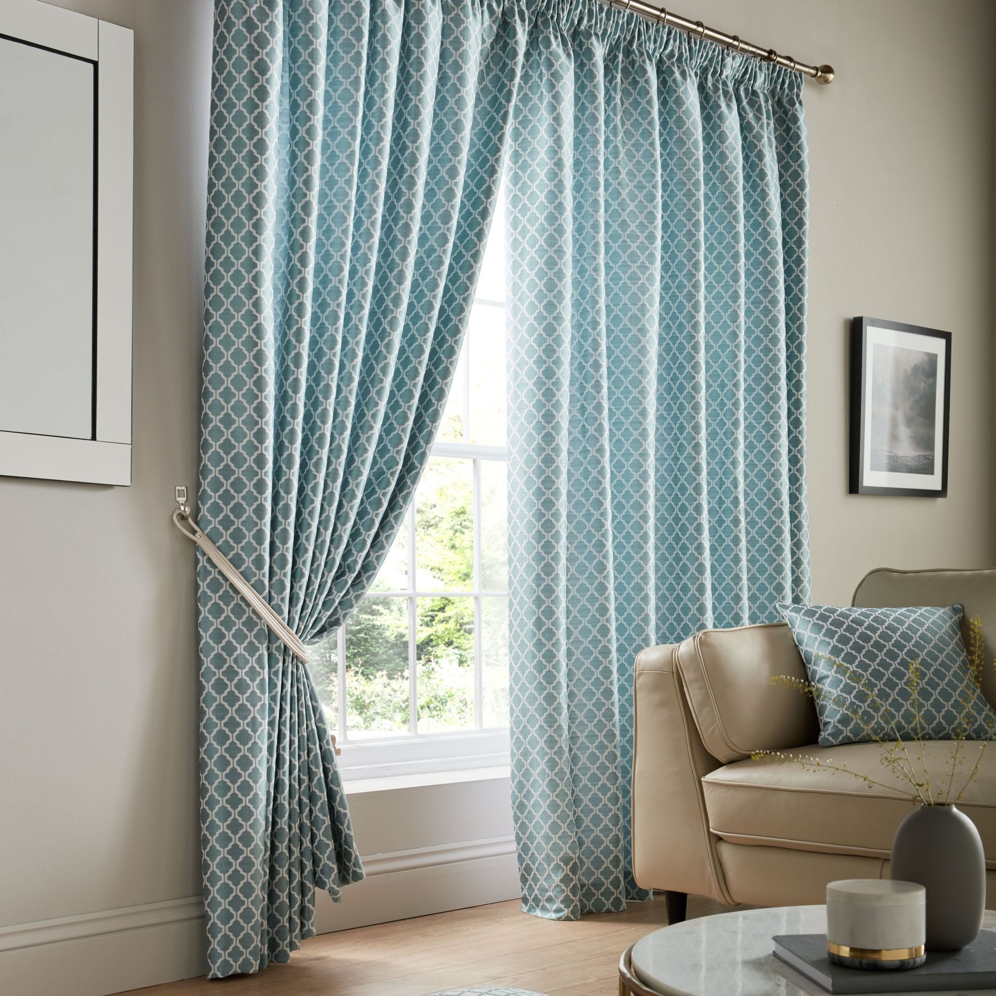 Luxury Living Geometric Lined Pencil Pleat Taped Curtains 168cm x 137cm - Teal