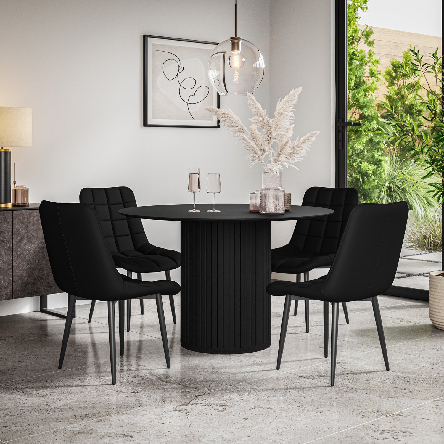 Furniture Online Arlo Nova Black Top w Blk Legs Dining Table & 4 Black Chairs