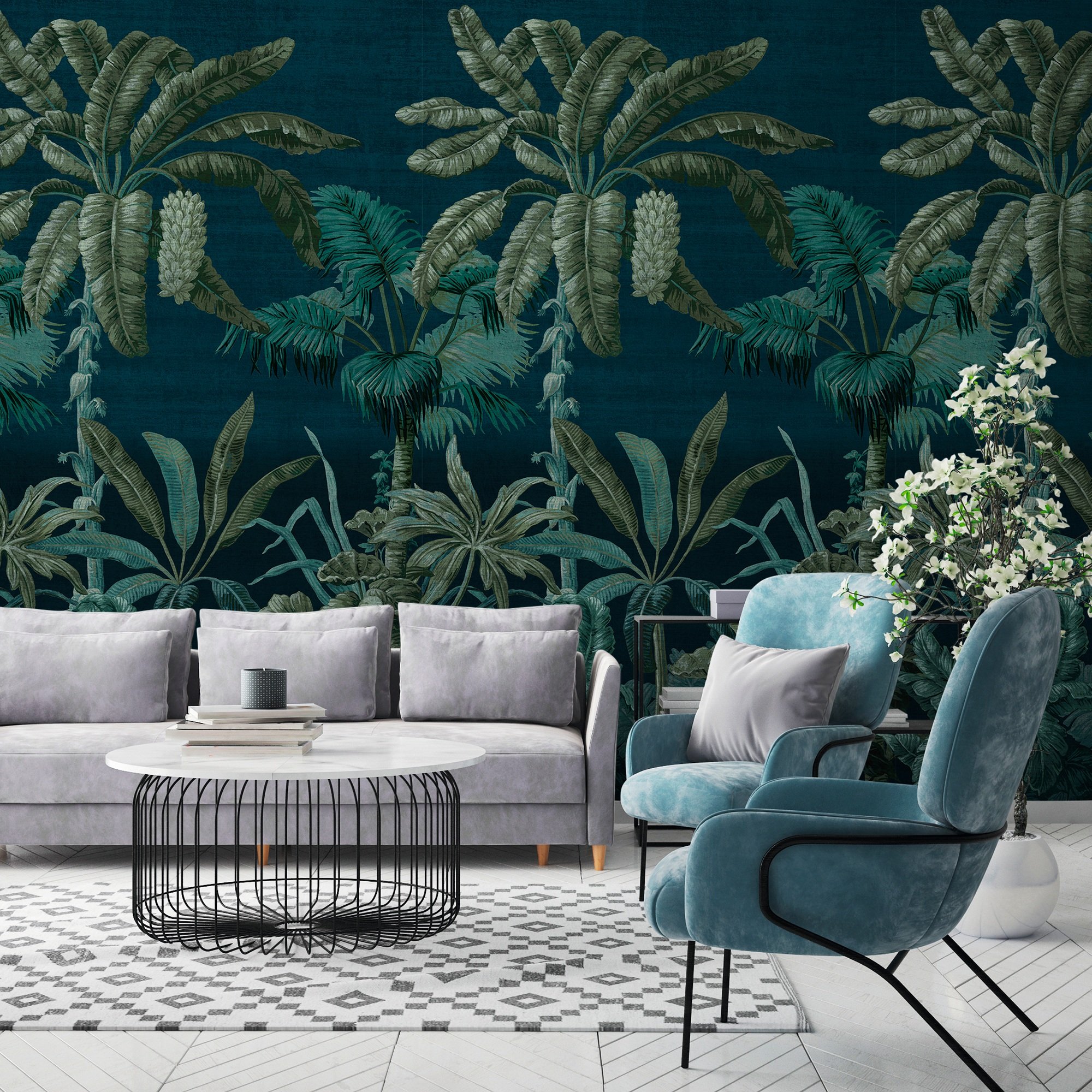 Grandeco Botanical Palm Leaves 3 lane Repeatable Wallpaper Mural  - Blue