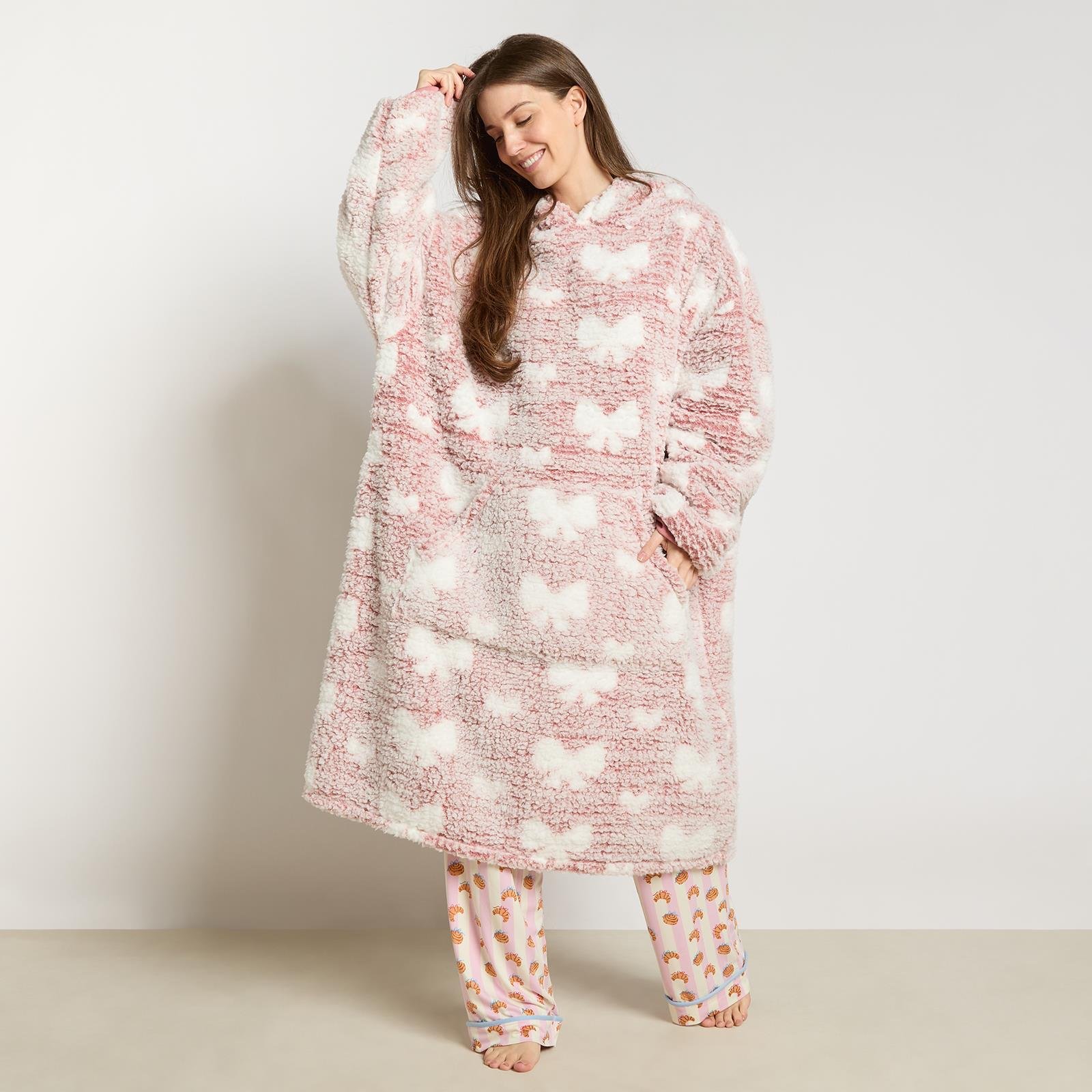 OHS Bow Print Teddy Marl Hoodie Blanket - Extra Long - Blush