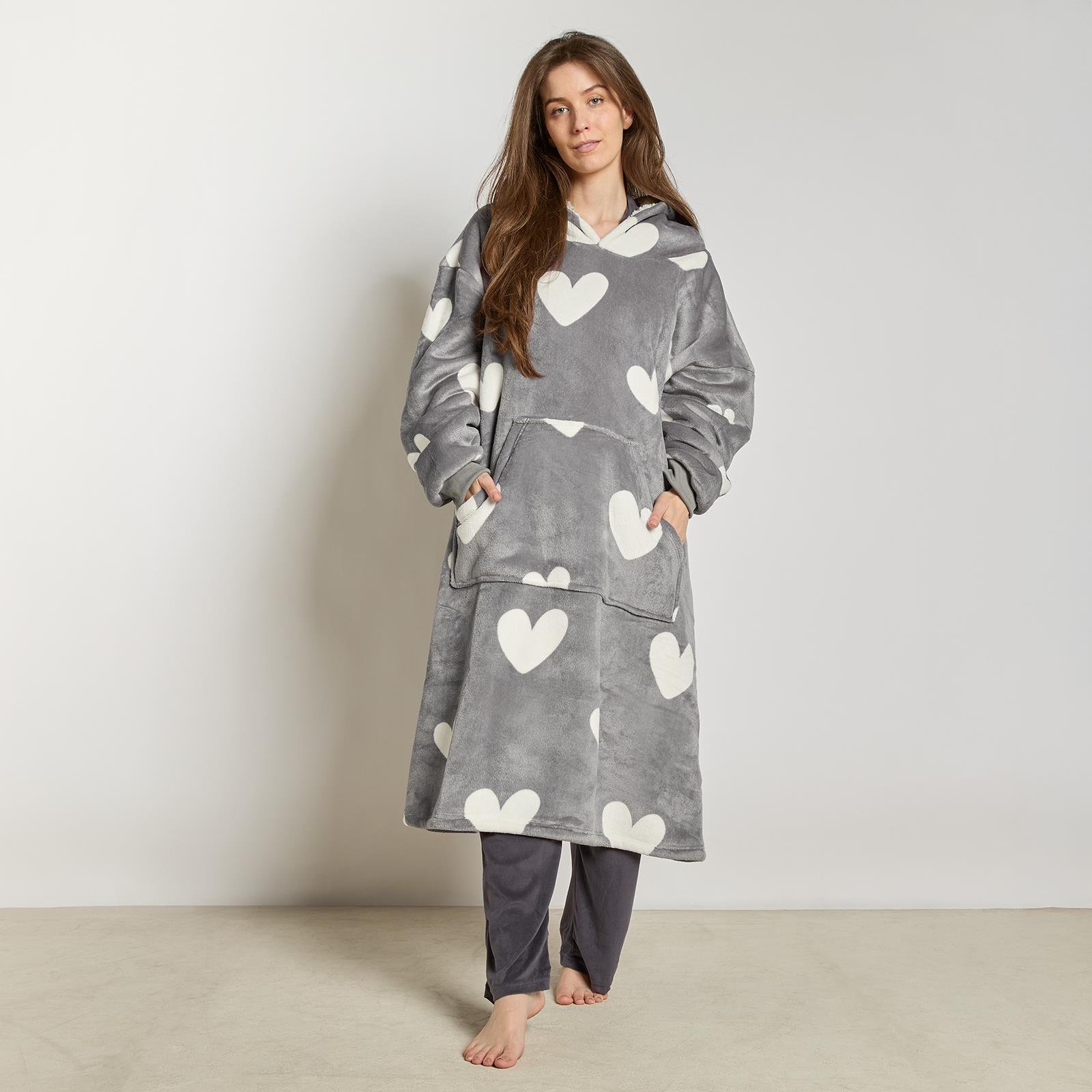 OHS Heart Print Extra Long Hoodie Blanket - One Size - Charcoal