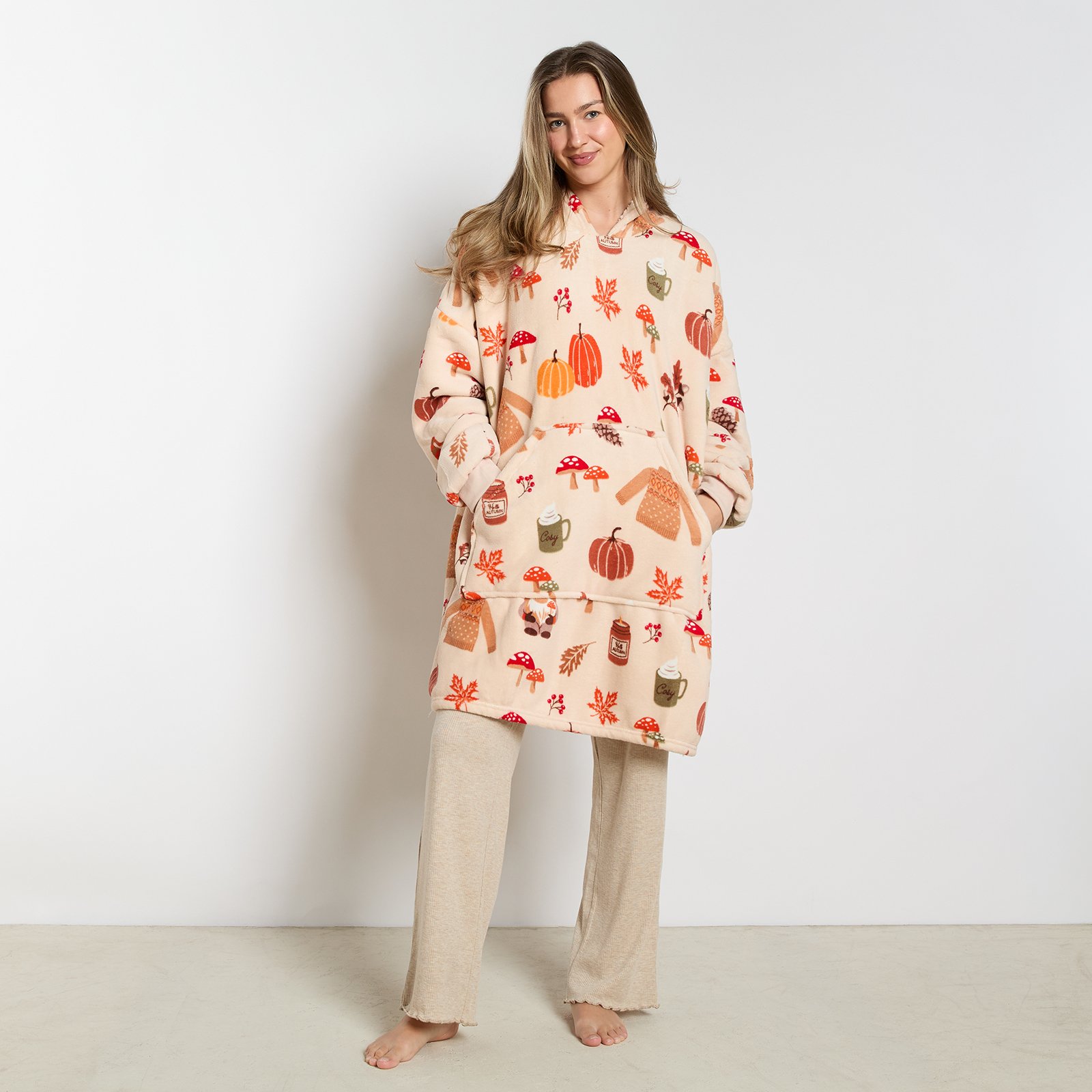 OHS Autumn Print Hoodie Blanket - One Size - Beige