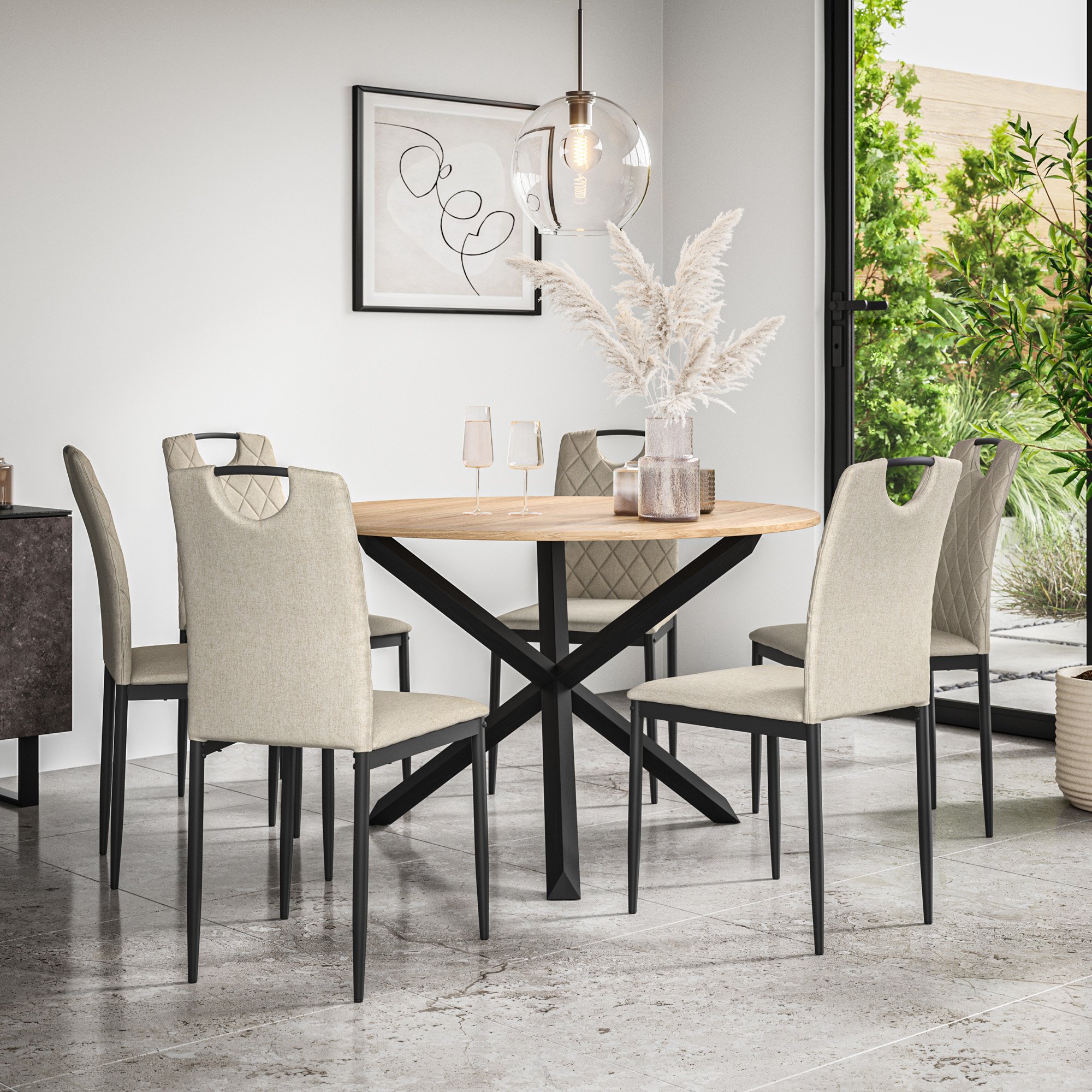 Furniture Online Malvern Monza Oak Table Dining Table & 6 Beige Chairs