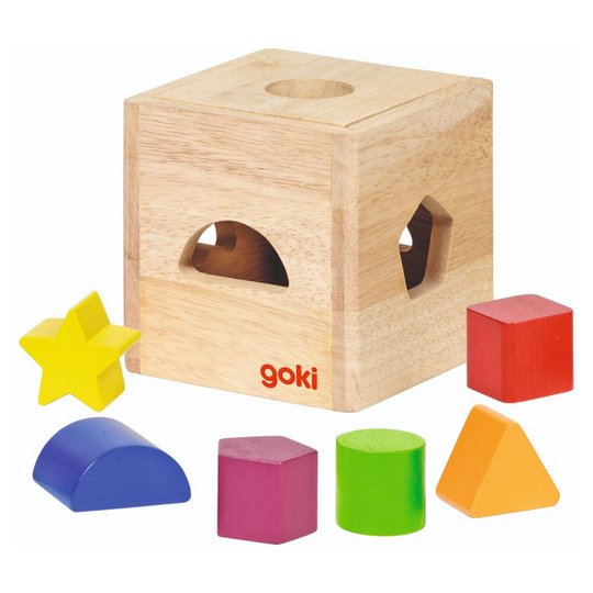 Goki Wooden Shape Sorting Cube Box with 6 Blocks Toddler Toy