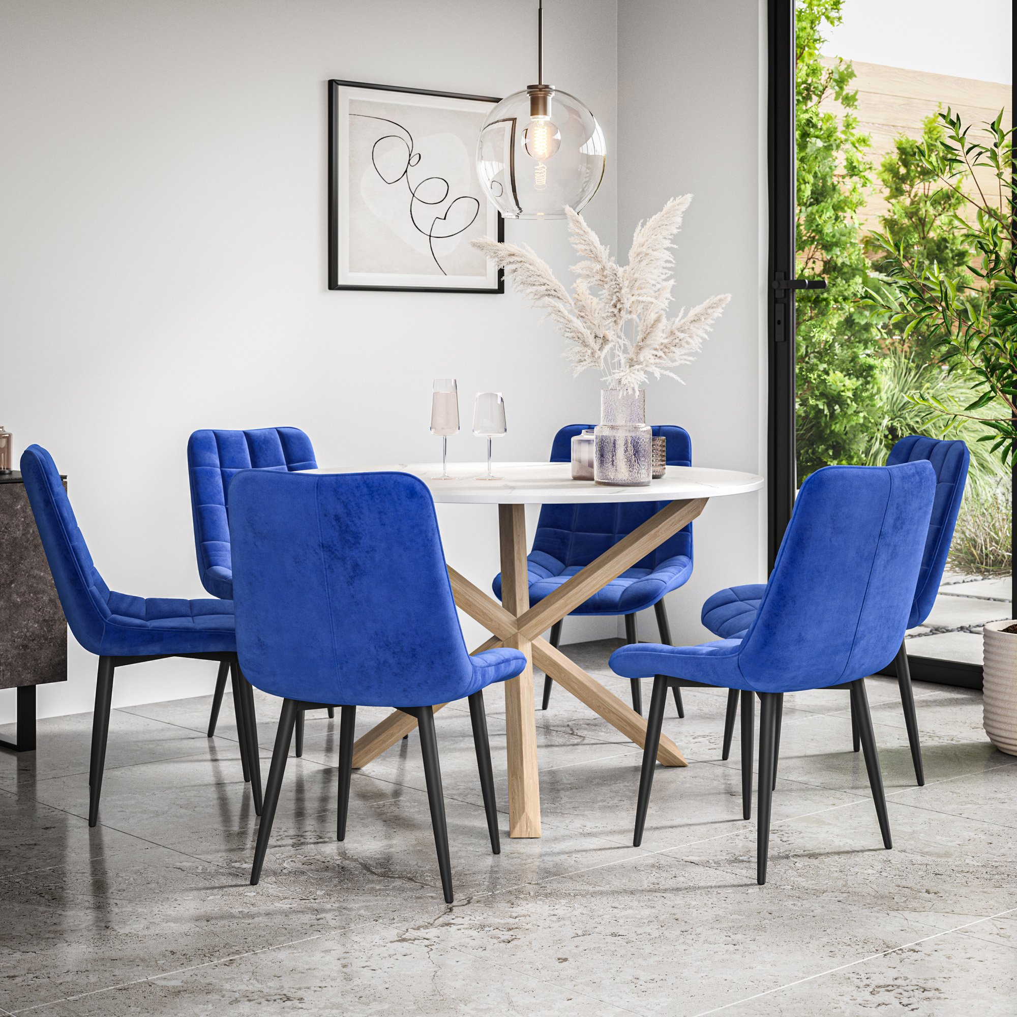 Furniture Online Malvern Nova Marble Top Dining Table & 6 Blue Chairs