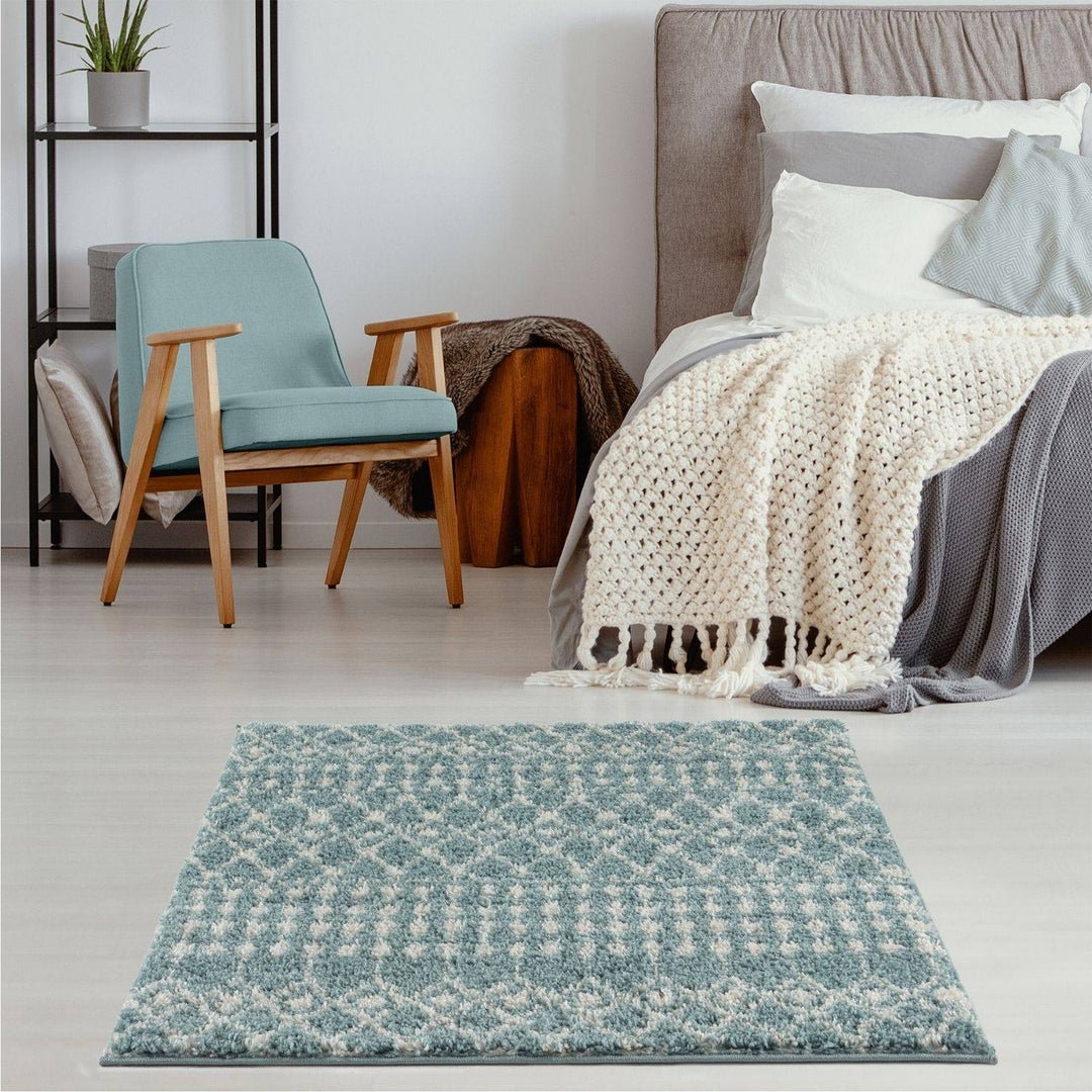 The Rugs Duck Egg Blue Moroccan Shaggy Tribal Square Rug - 120 x 120cm