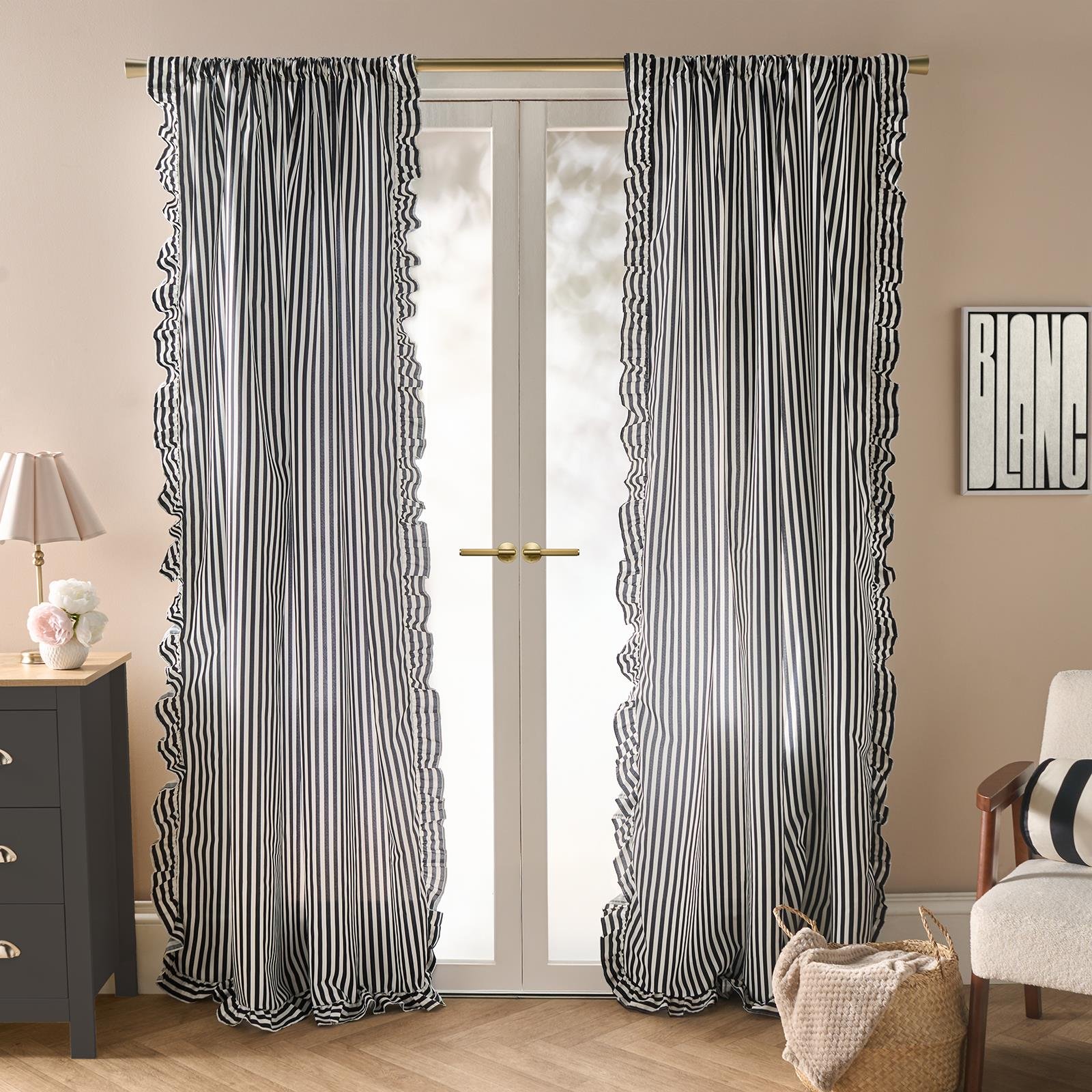 OHS Stripe Frill Voile Curtains 140 x 224cm - Mono