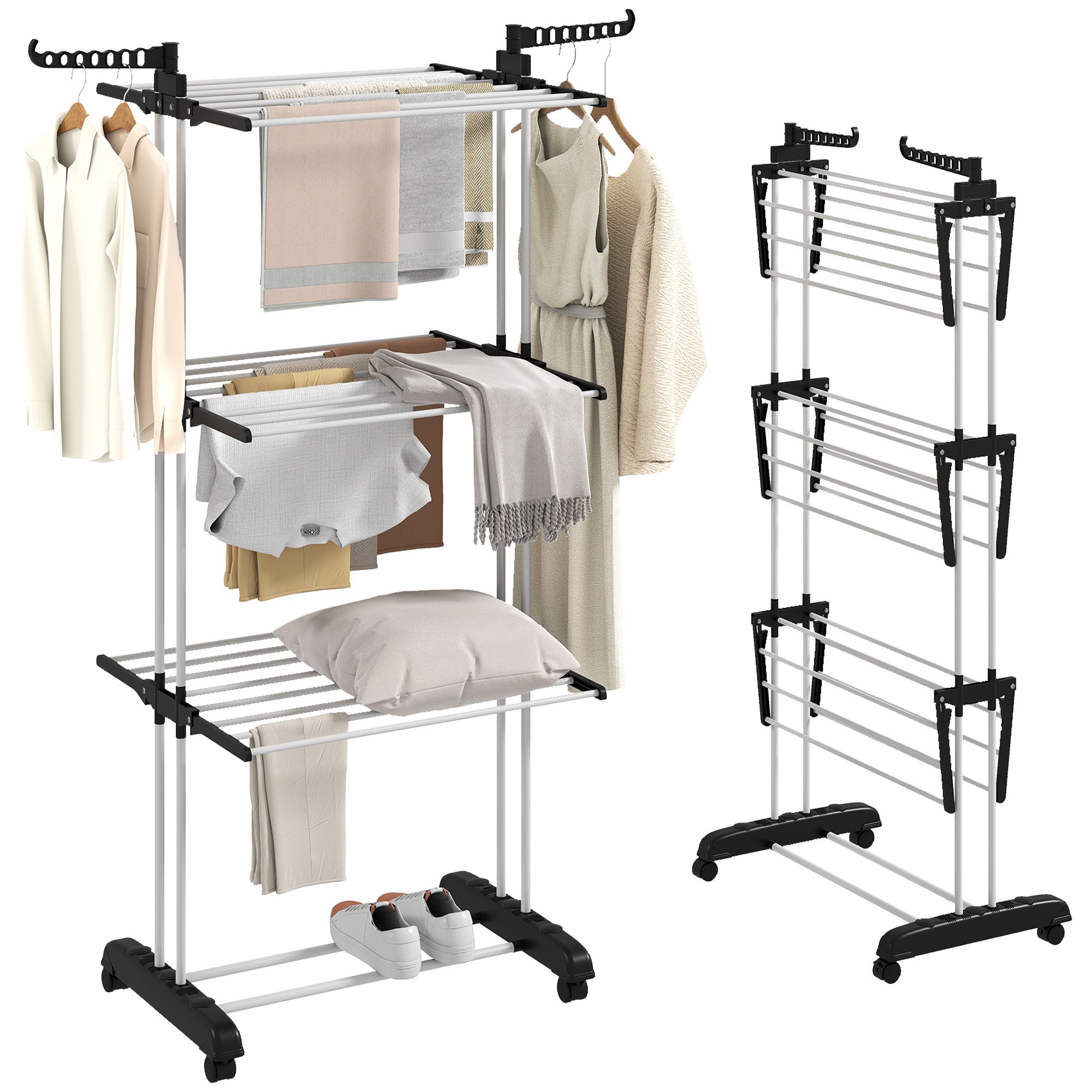 HOMCOM 4-Tier Foldable Clothes Drying Rack with Wheels - Black