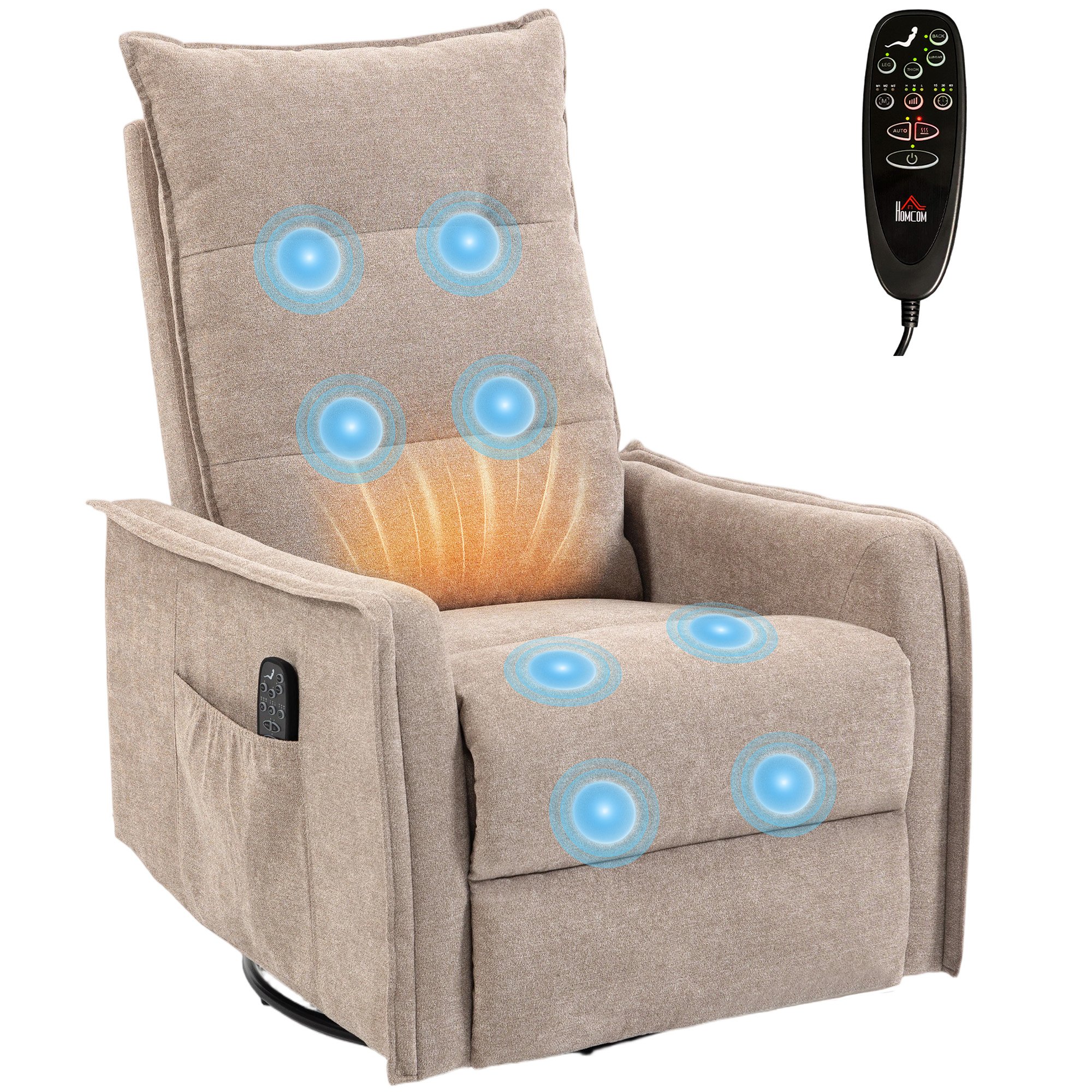 HOMCOM Swivel Massage Recliner Armchair with Side Pockets - Brown