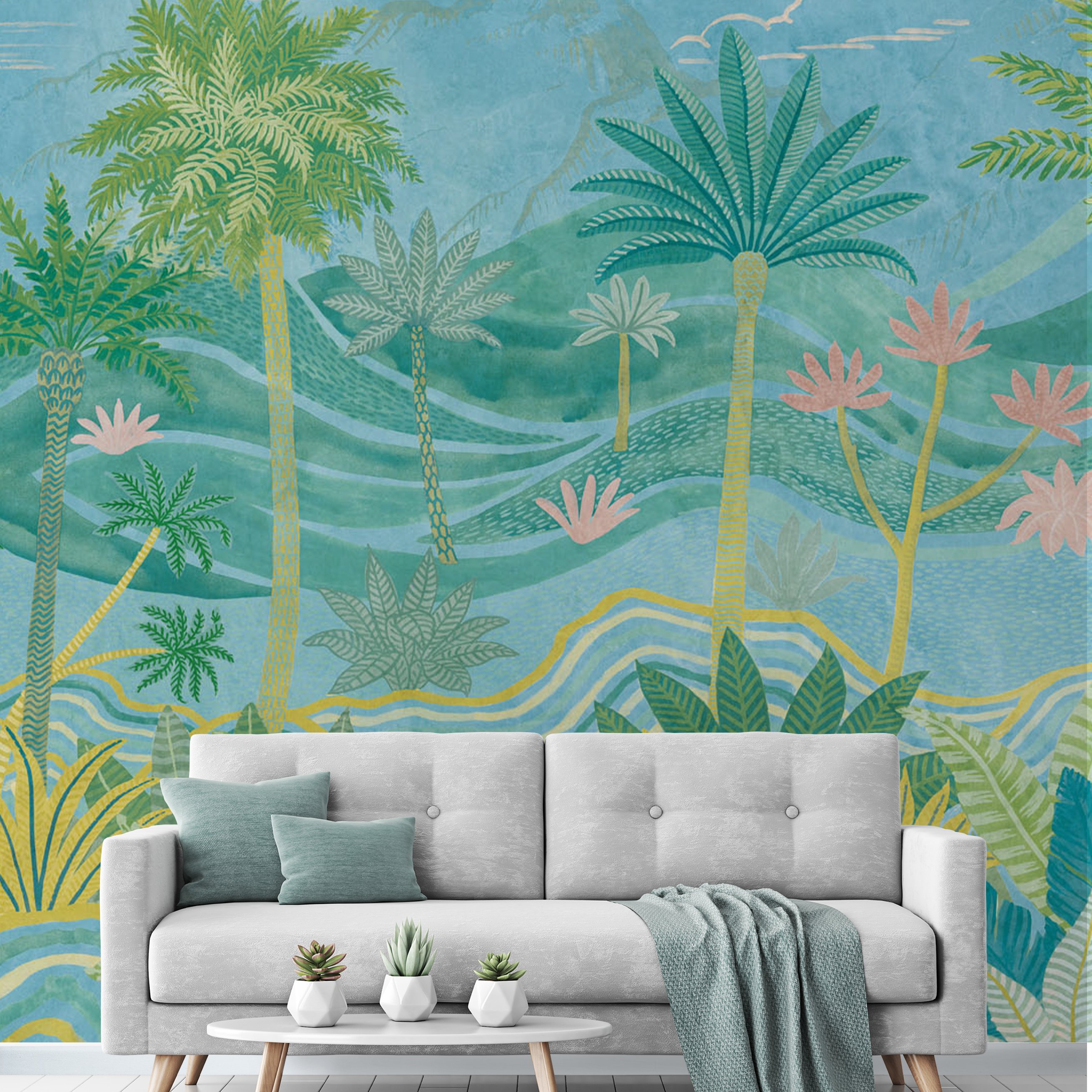 Grandeco Palm Spring 7 Lane Repeatable Textured Wallpaper Mural  - Blue