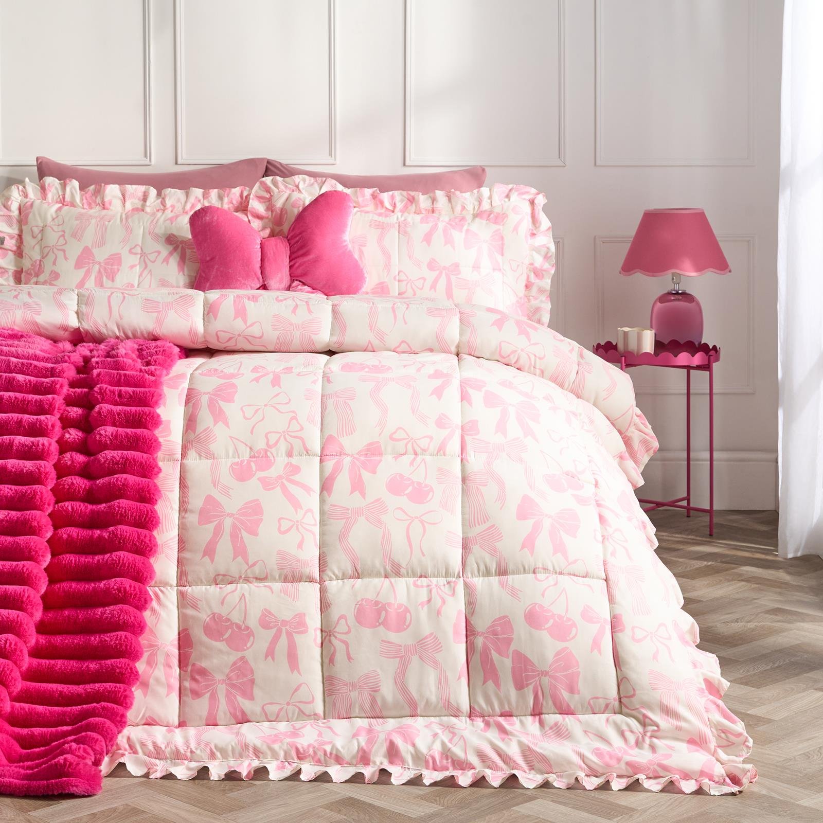 OHS Bows Frill Edge Coverless 7.5 Tog Duvet Set Bedding Pink - King