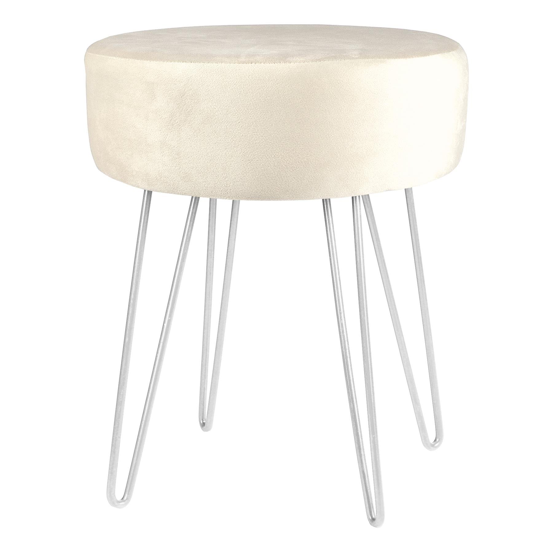 Harbour Housewares Round Velvet Footstool with Silver Legs - Cream