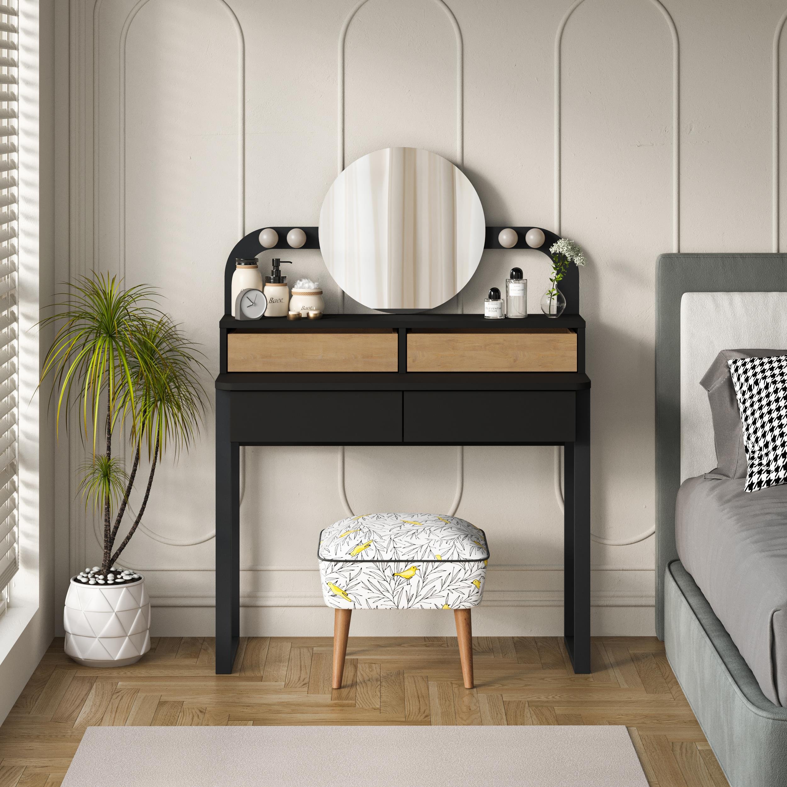 Decortie Lora Dressing Table with Mirror - Black & Oak