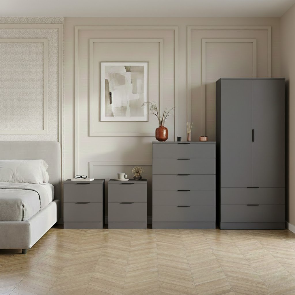 Vida Designs Trega Bedroom Set (Bedsides, 5 Drawer Chest, 2x2 Wardrobe) - Grey