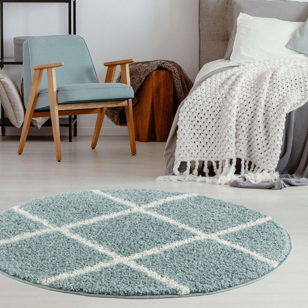 The Rugs Duck Egg Blue Moroccan Shaggy Diamond Round Rug - 120cm