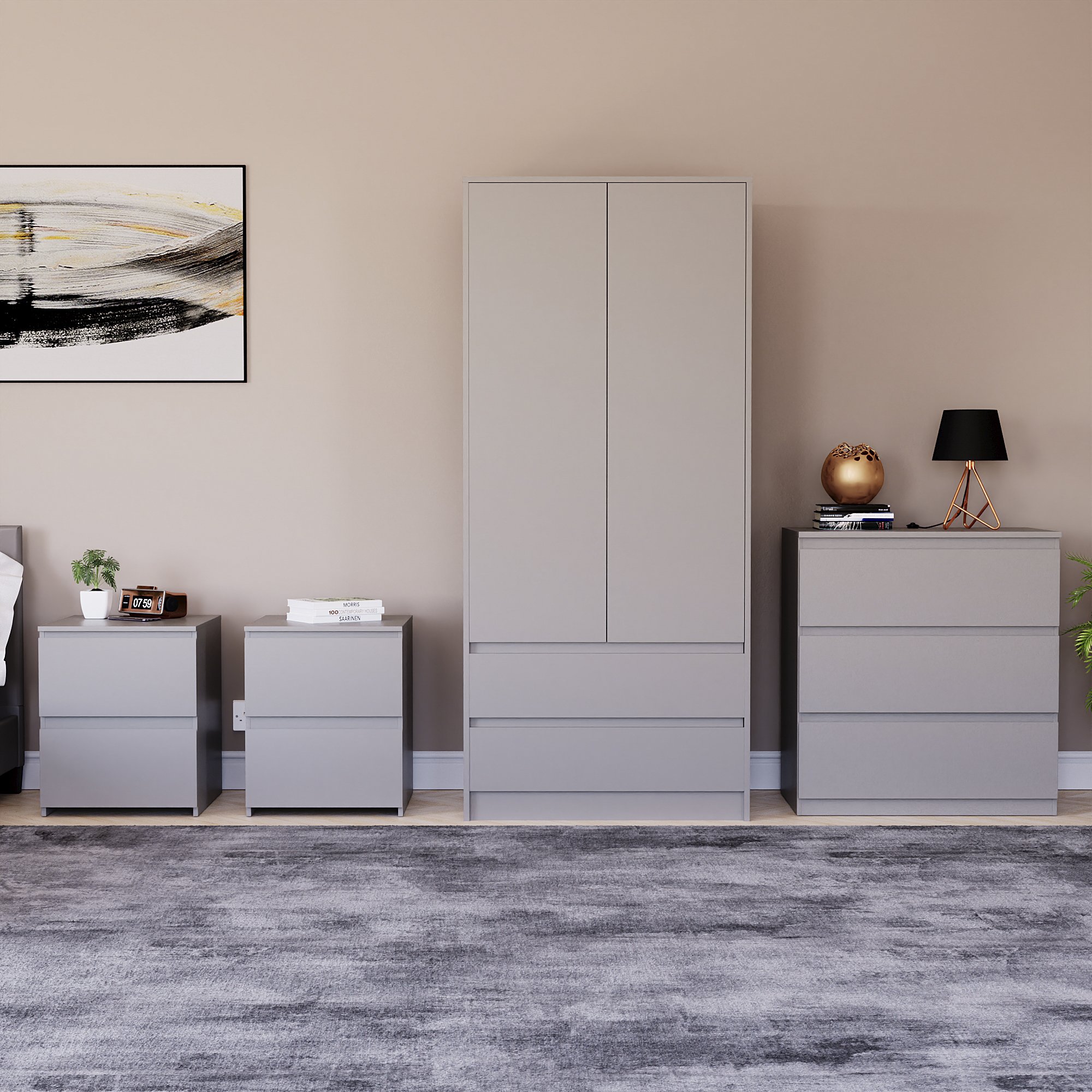 Vida Designs Denver Bedroom Set (2x Bedside, 3 Drawer Chest, Wardrobe) - Grey