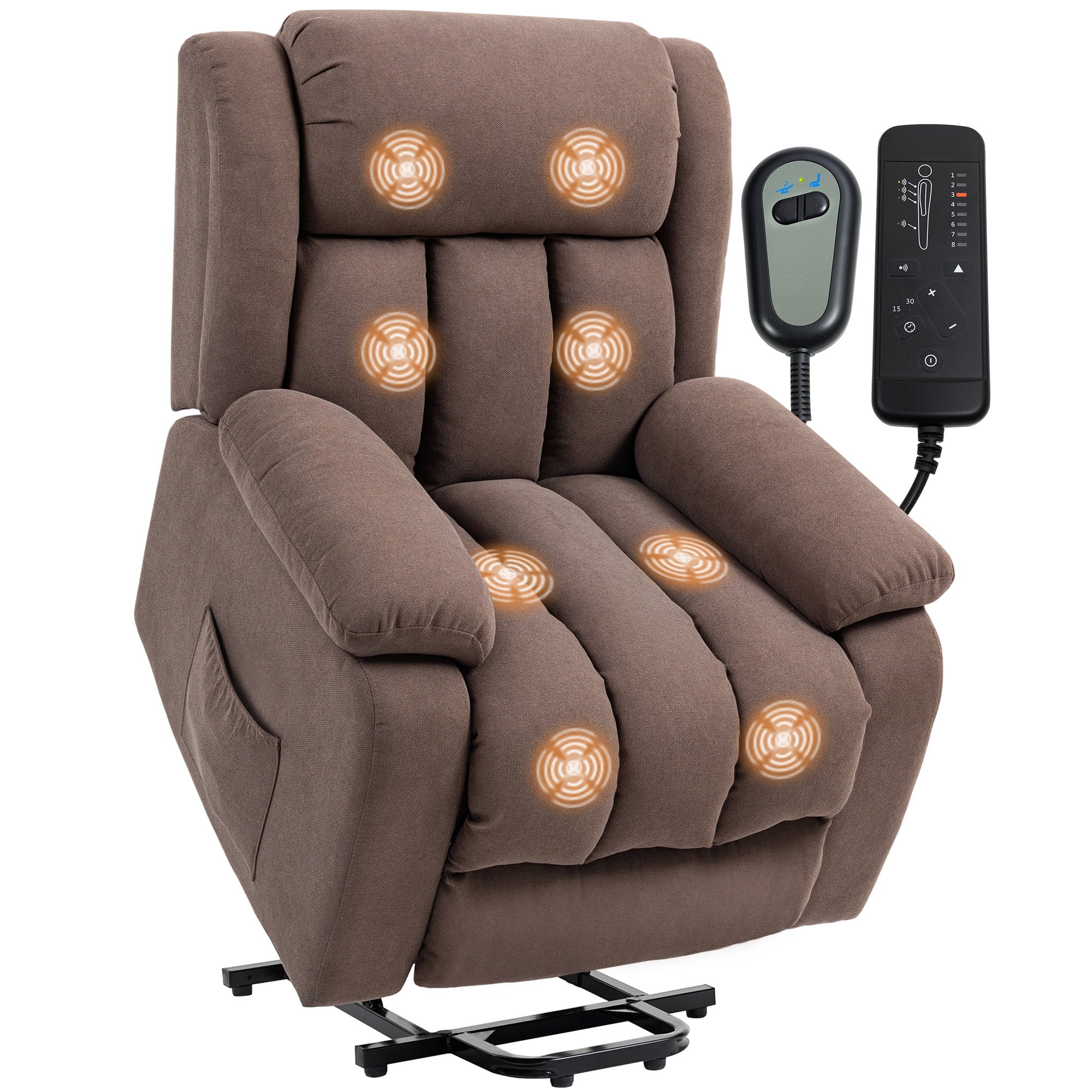 HOMCOM Linen Overstuffed Power Lift Chair with Vibration Massage - Dark Brown