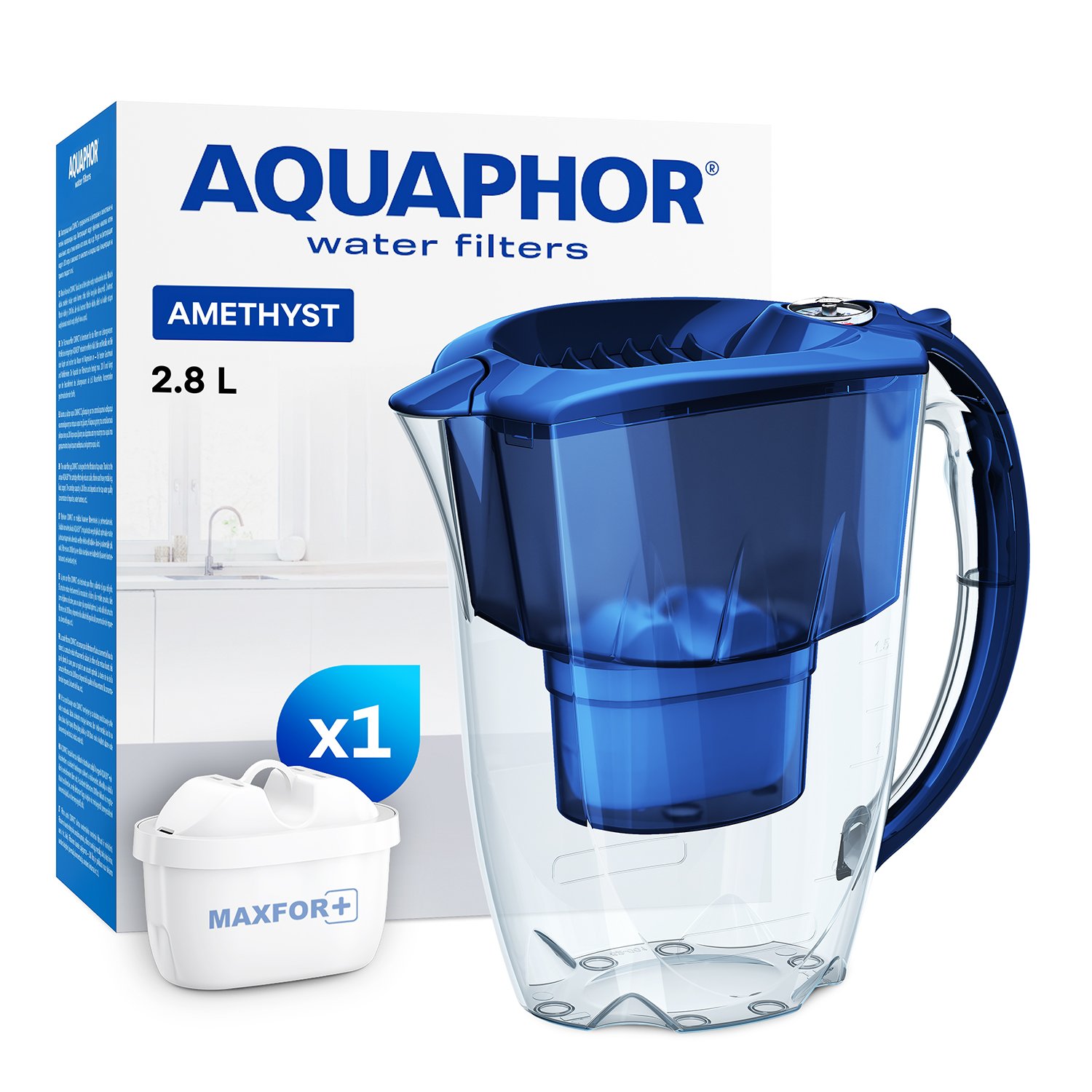 AQUAPHOR Amethyst 2.8 Litre Water Filter Jug with 1 Maxfor+ Cartridge - Blue
