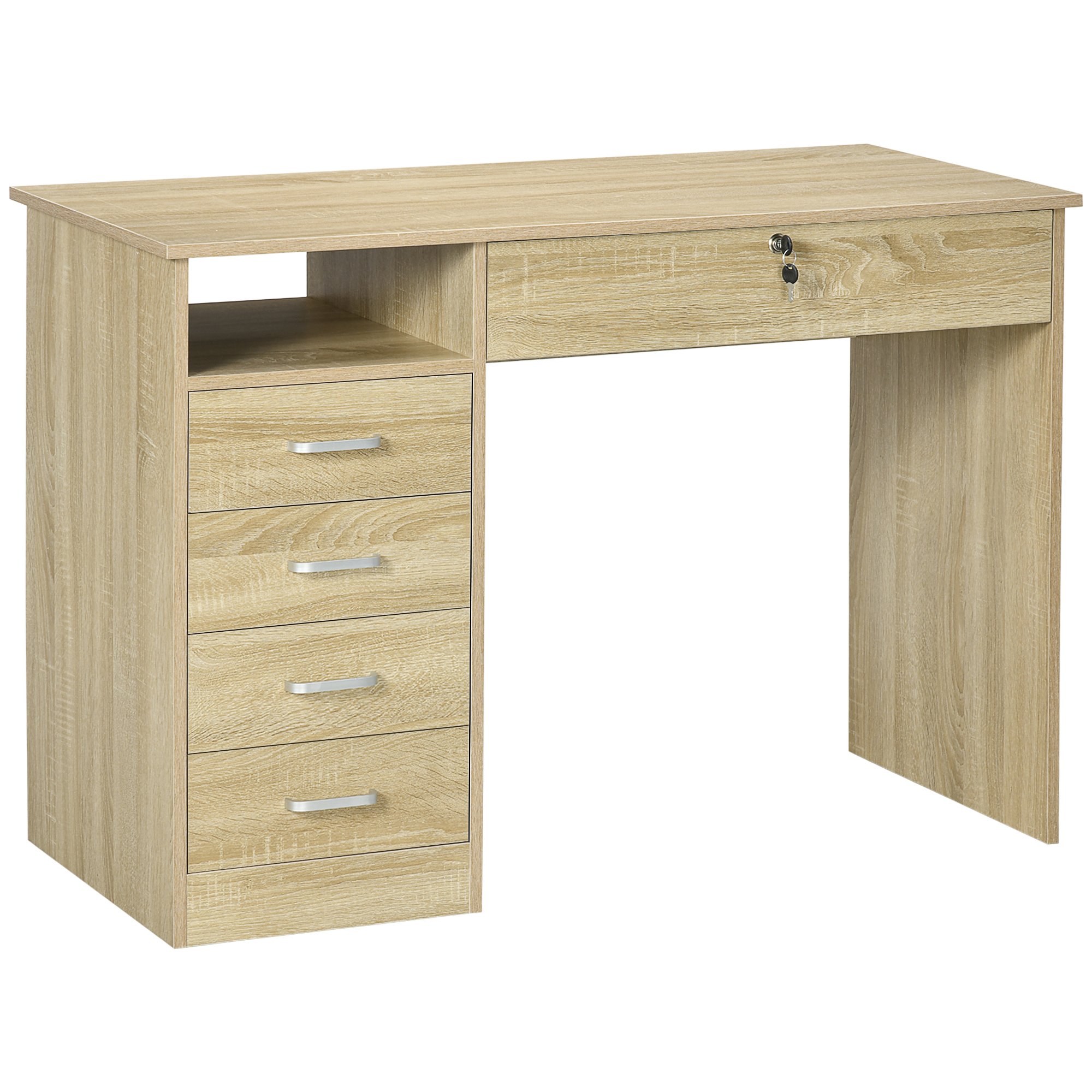 HOMCOM Wooden Lockable Computer Desk with 5 Drawers - Oak