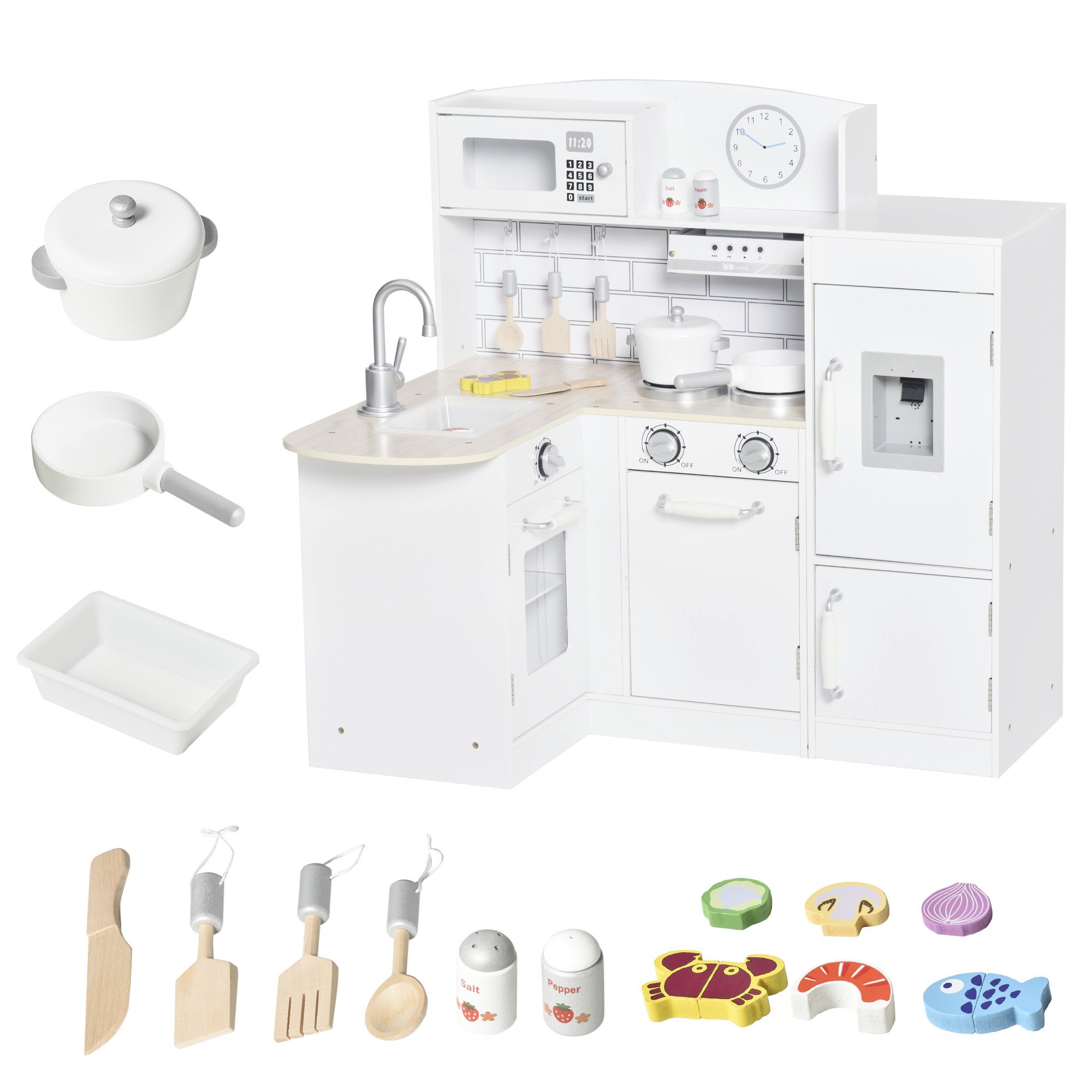 HOMCOM Drinking Fountain Microwave Fridge Kids Play Kitchen - White
