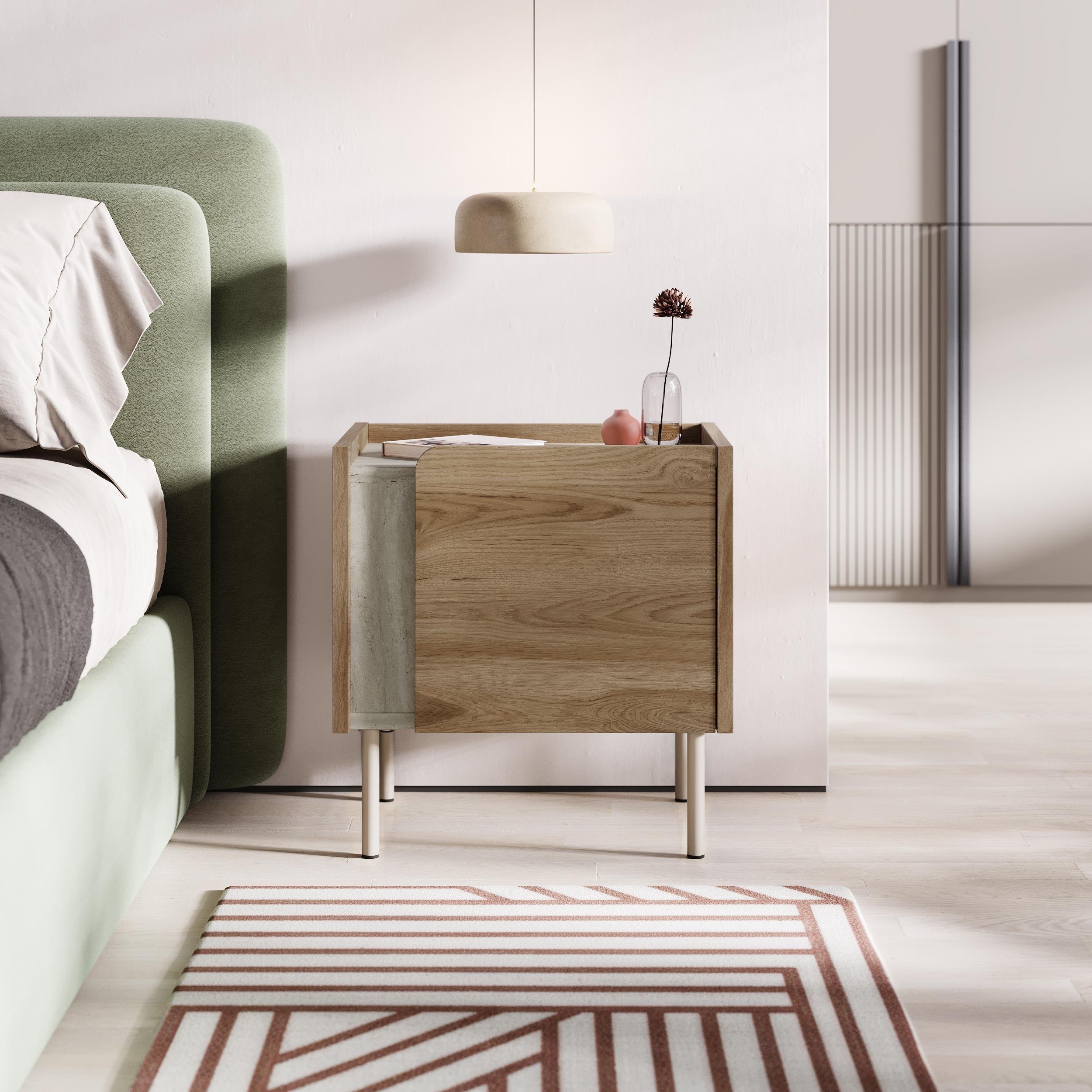 Decortie Norm Particleboard Bedside Table - Travertine & Whiskey Oak