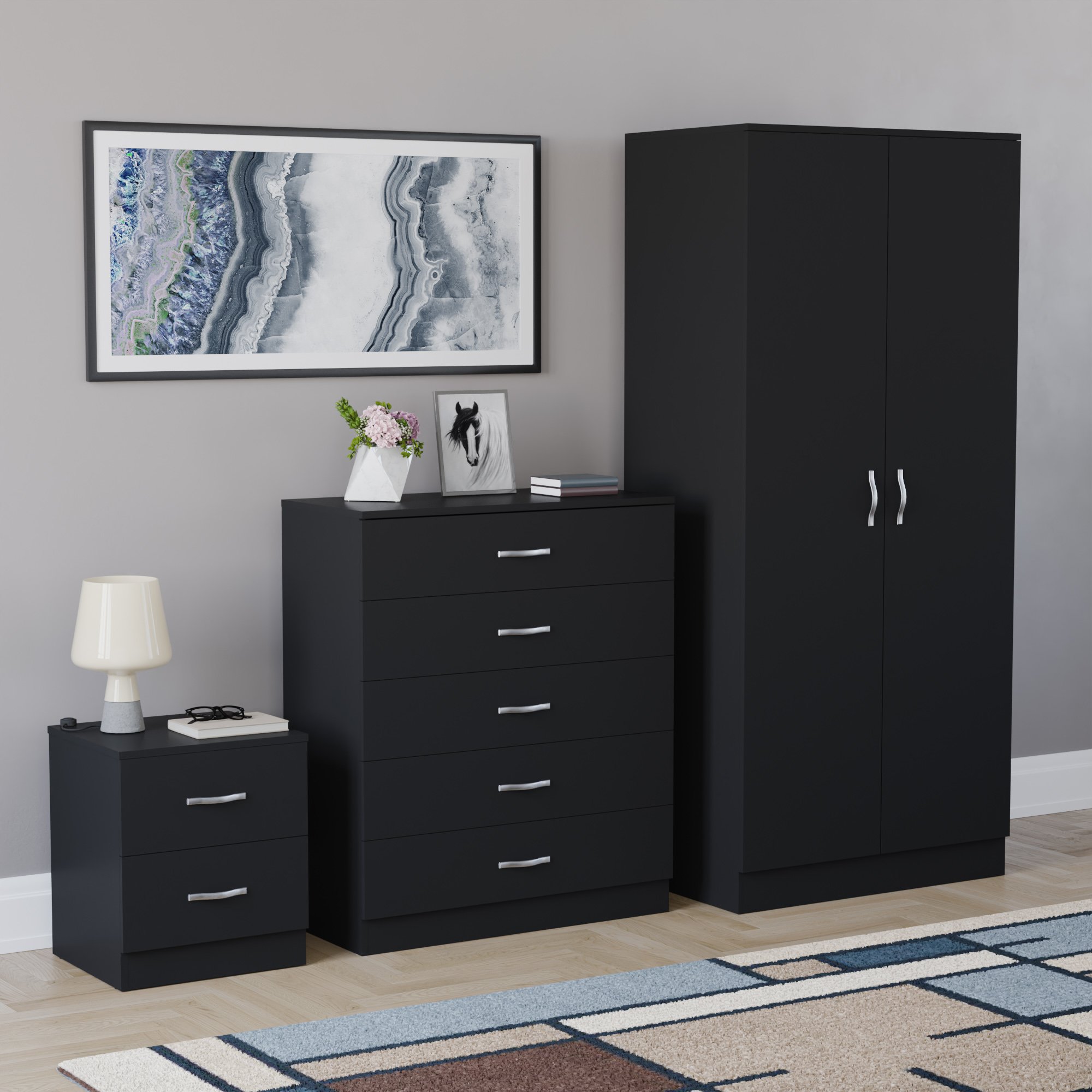 Vida Designs Riano Bedroom Set (Bedside, 5 Drawer Chest, 2 Door Wardrobe)- Black