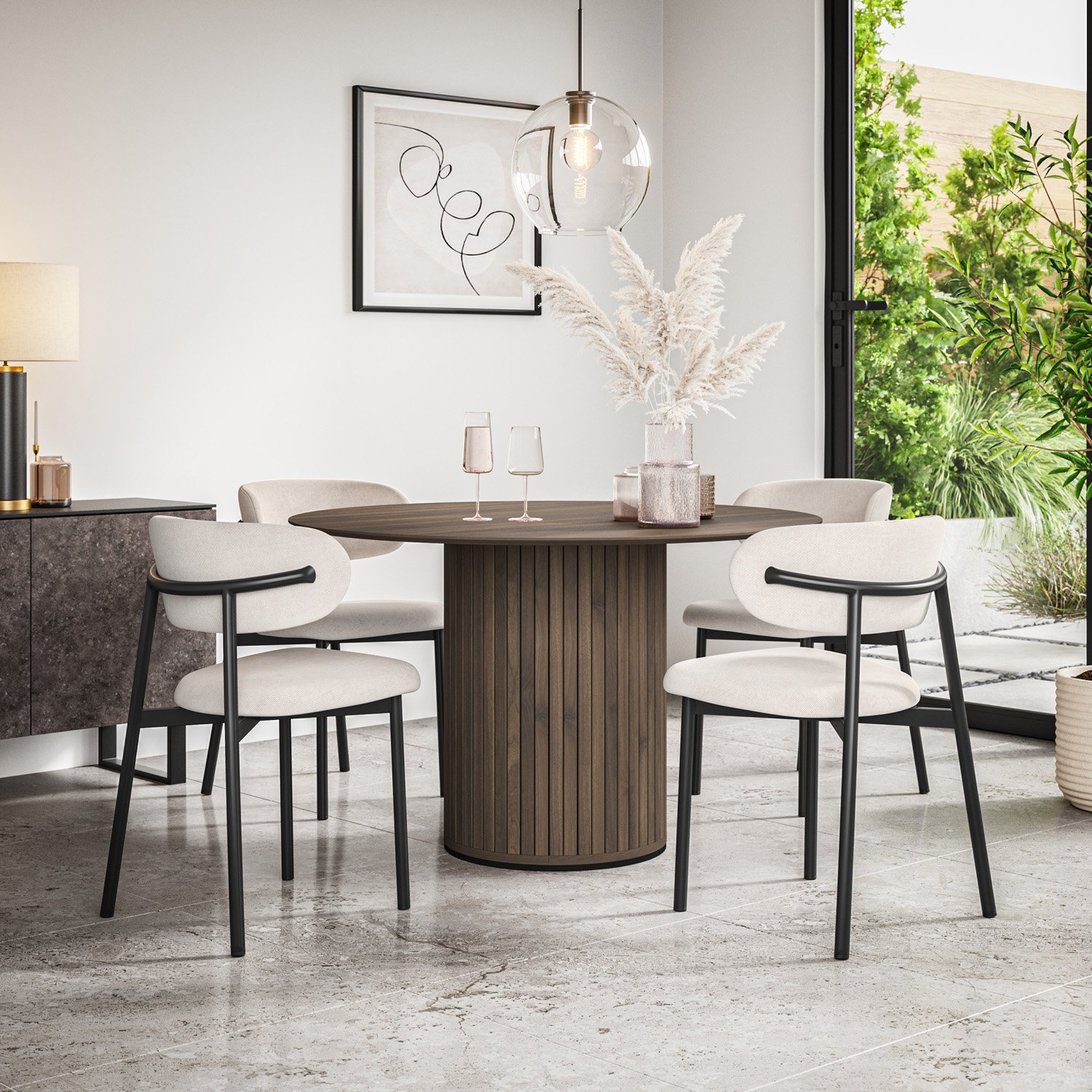 Furniture Online Arlo Myla Walnut Top w Wal Legs Dining Table & 4 Beige Chairs