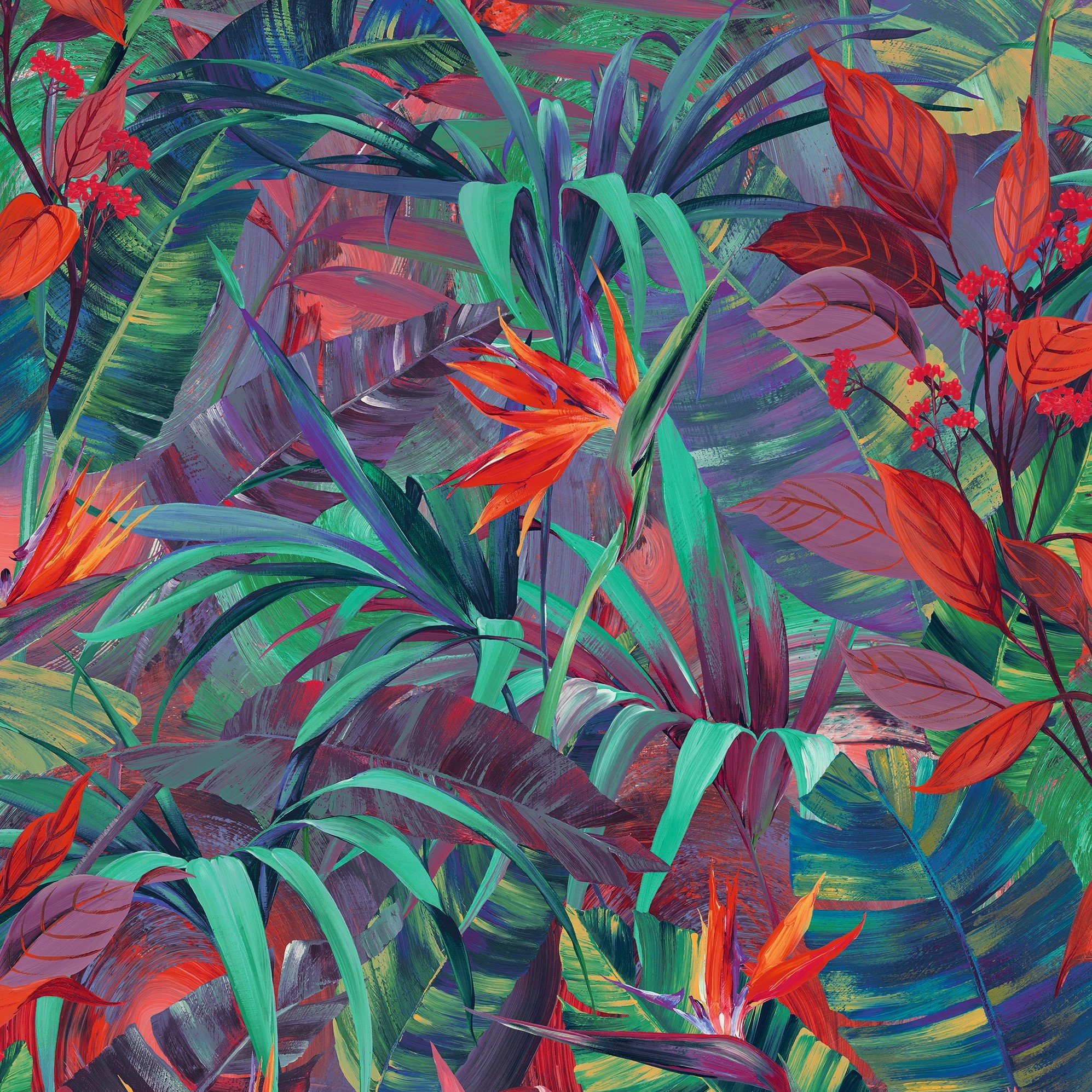 Grandeco Paradise Jungle Painted FlowerTextured Wallpaper - Red Green