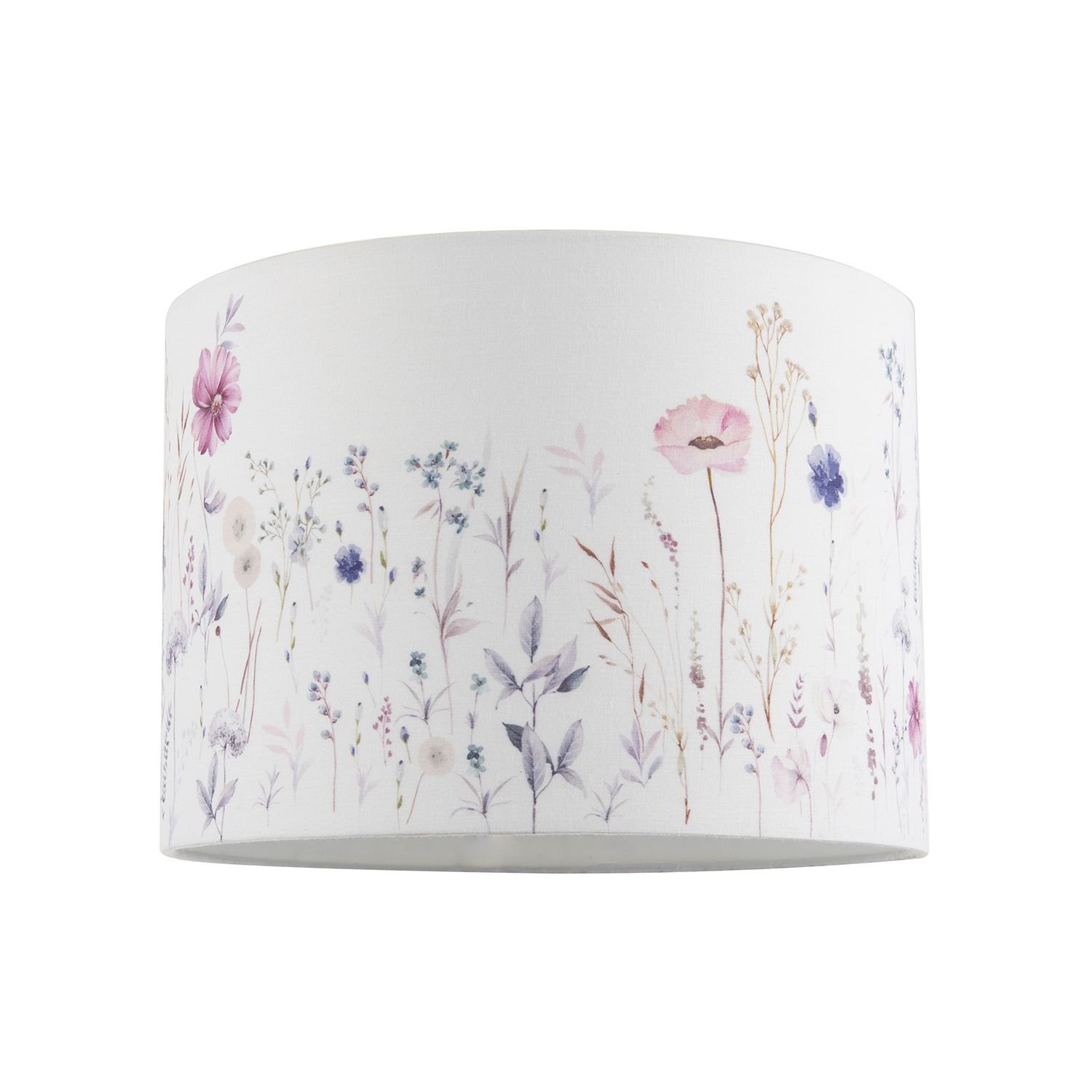 Happy Homewares Pink and Lilac Floral Round with White Cotton Lampshade - 25cm