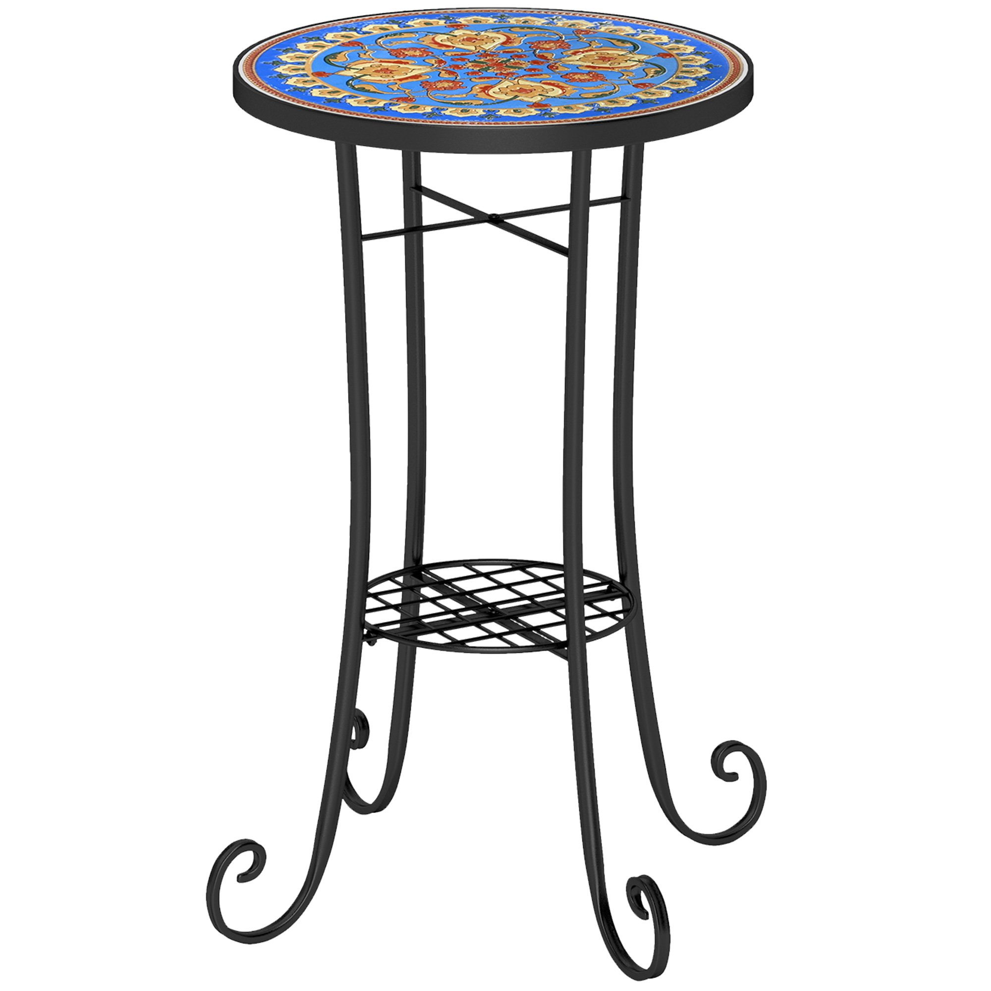 Outsunny Round Ceramic Tile Top Shelf Garden Table - Multicoloured