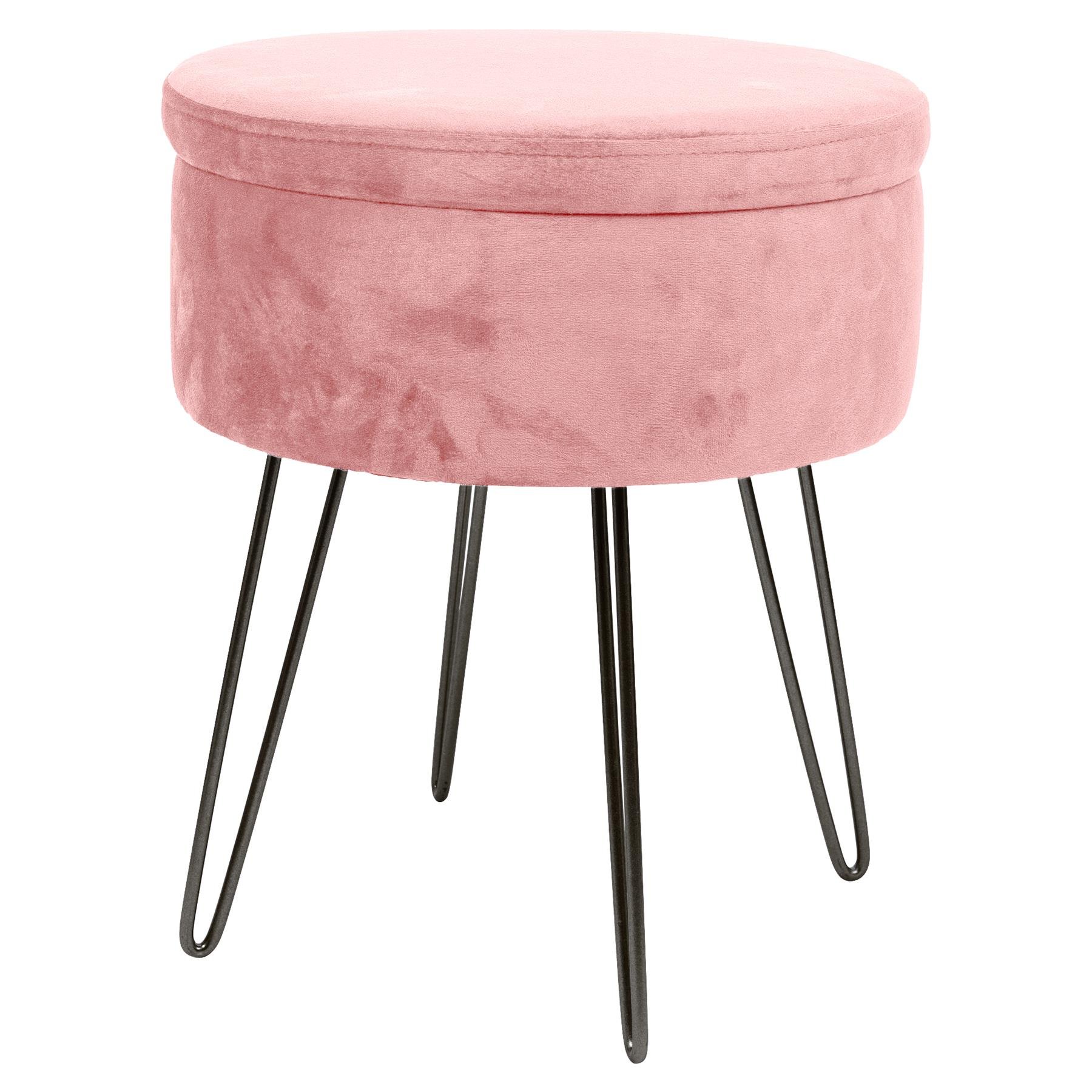 Harbour Housewares Round Velvet Storage Footstool with Black Legs - Pink