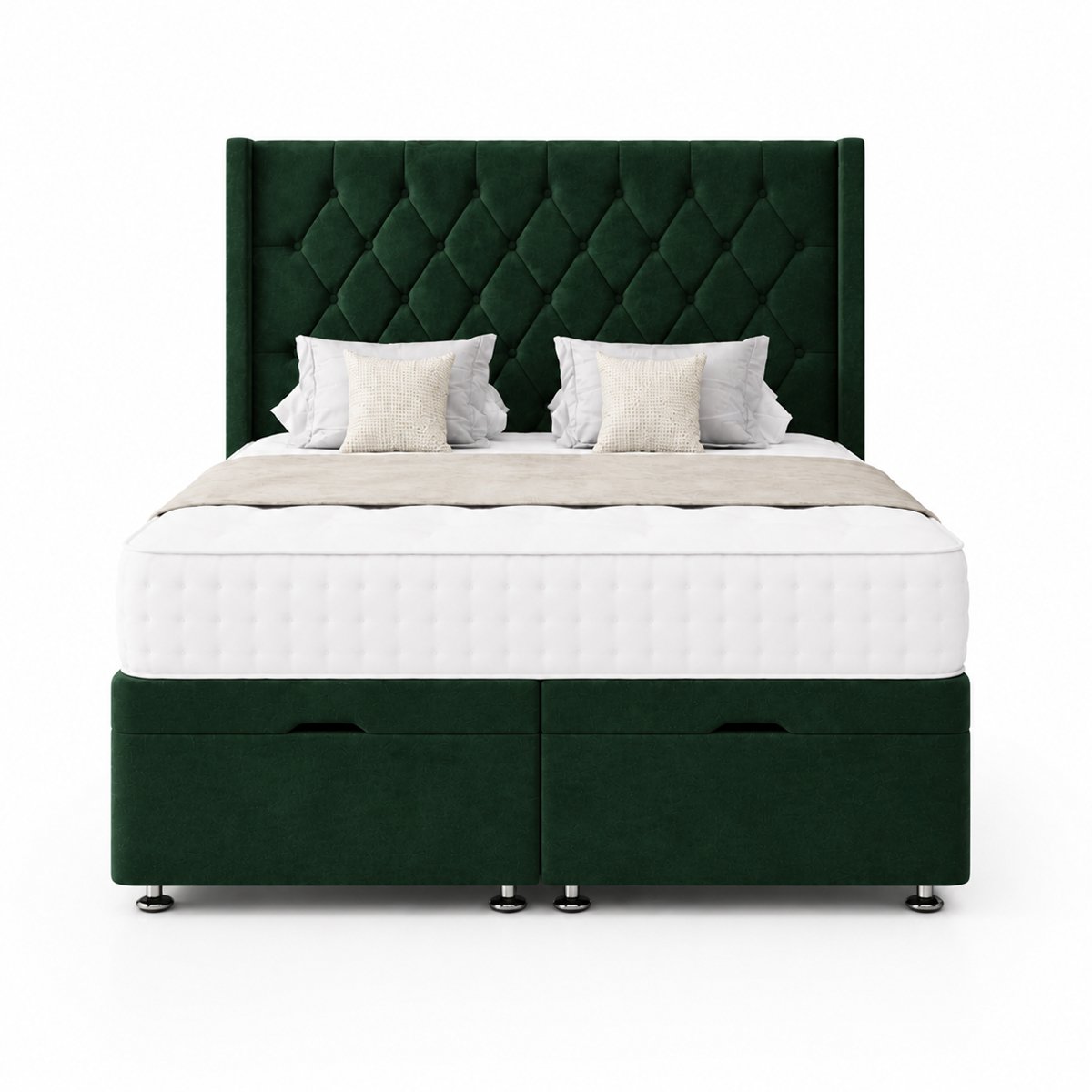 Comfy Deluxe Zoro 5ft King Size Plush Velvet End Lift Ottoman Bed Set - Green