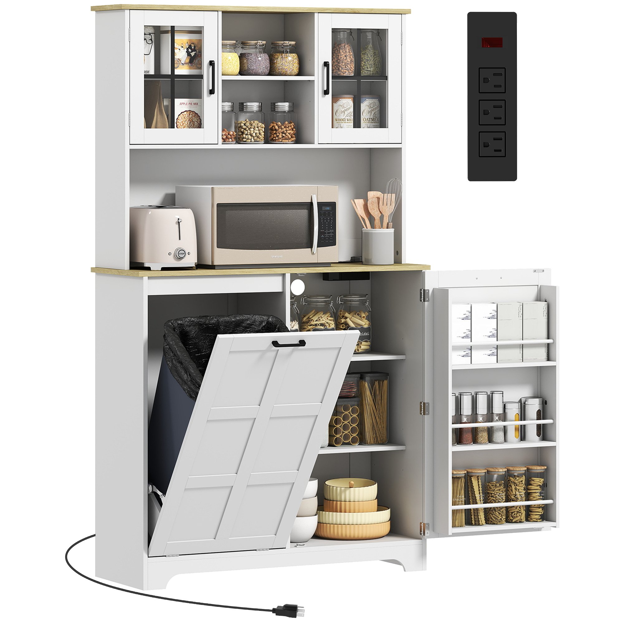 HOMCOM Kitchen Cupboard with Charging Station and Rubbish Bin Cabinet - White