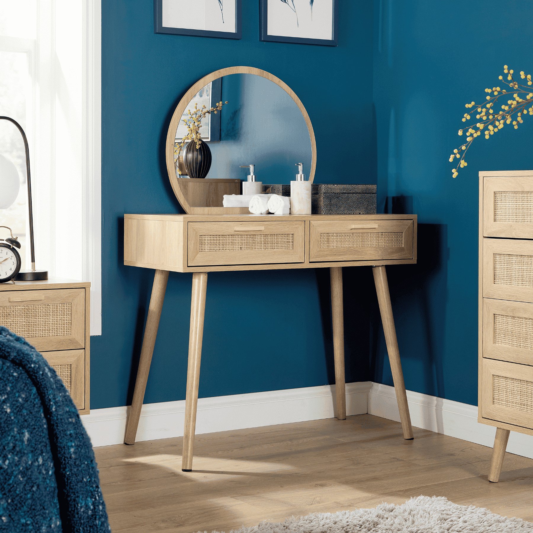 Home Source Astbury Rattan 2 Drawer Dressing Table with Circular Mirror Natural