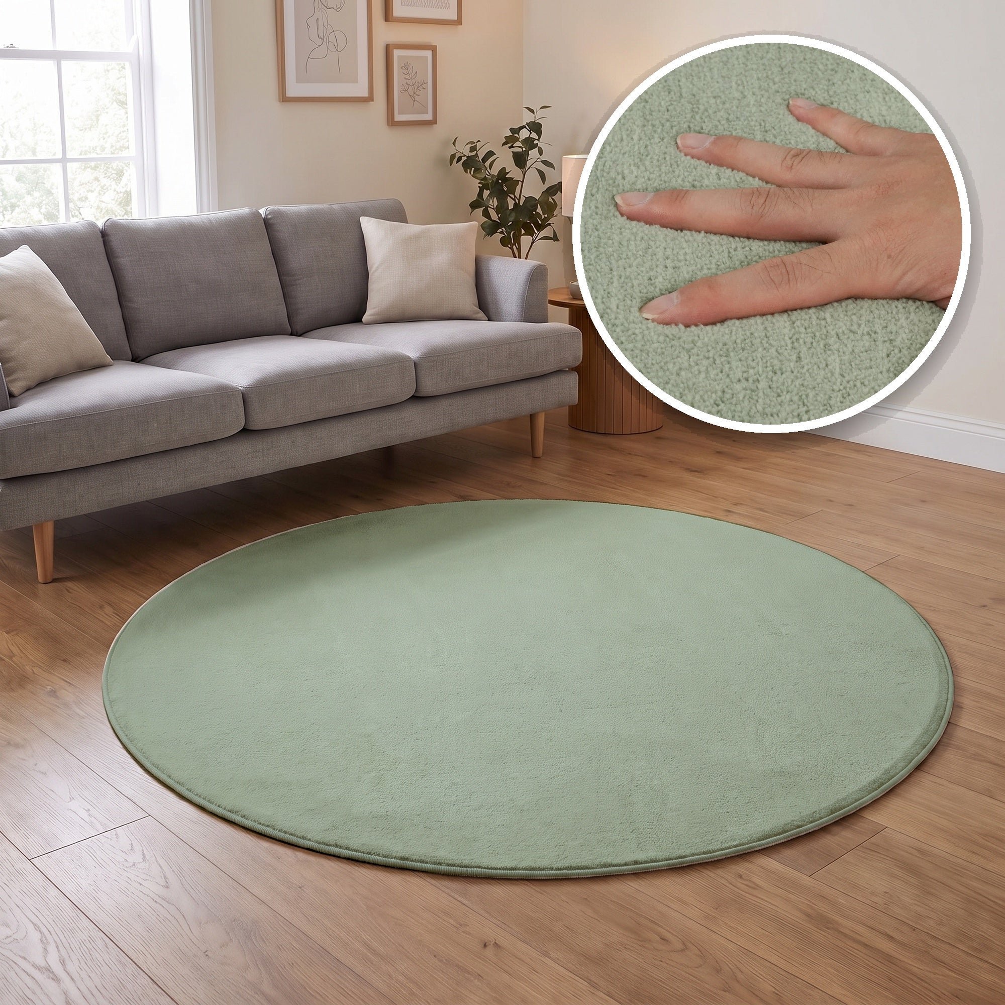 The Rugs Sage Green Washmellow Plain Washable Non Slip Round Rug - 80cm